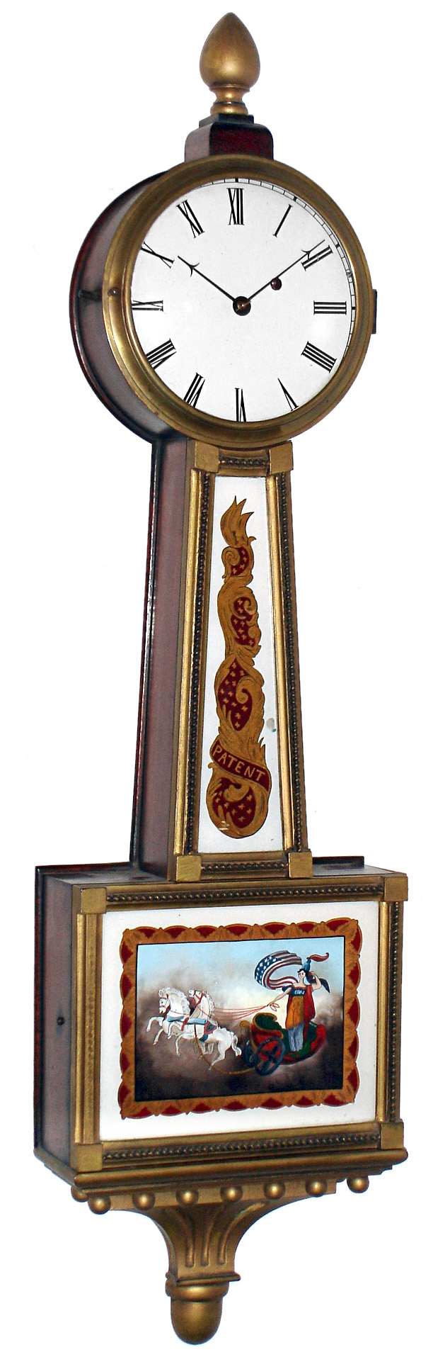 Banjo clock, Massachusetts, mahogany gilt-front 8 day weight driven wall timepiece, 20th century — Antique Clocks Price Guide