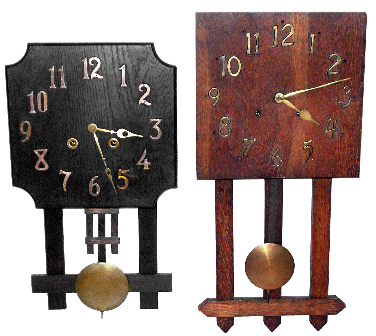 Clocks- 2 (Two) mission style dark solid oak, 8 day, time and strike, wall clocks: Ingraham "Monterey; and Sessions; c1910 — Antique Clocks Price Guide