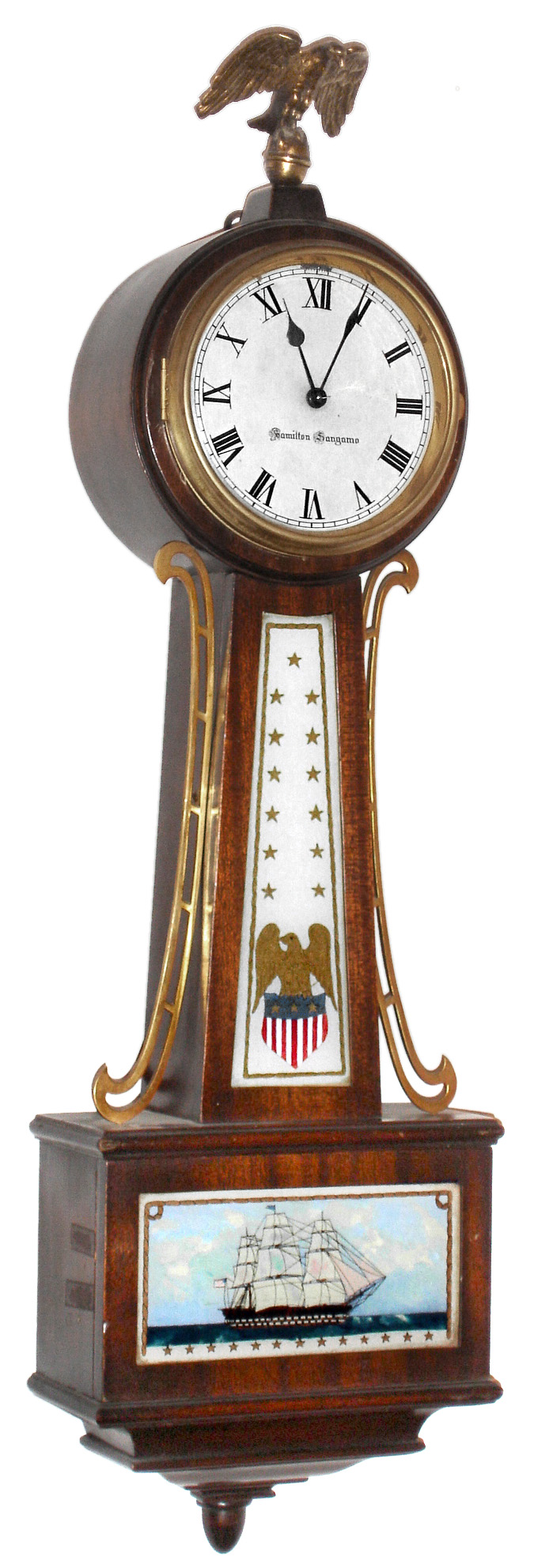 Hamilton Sangamo mahogany electrically-wound striking banjo clock, naval tablets, c1931 — Antique Clocks Price Guide