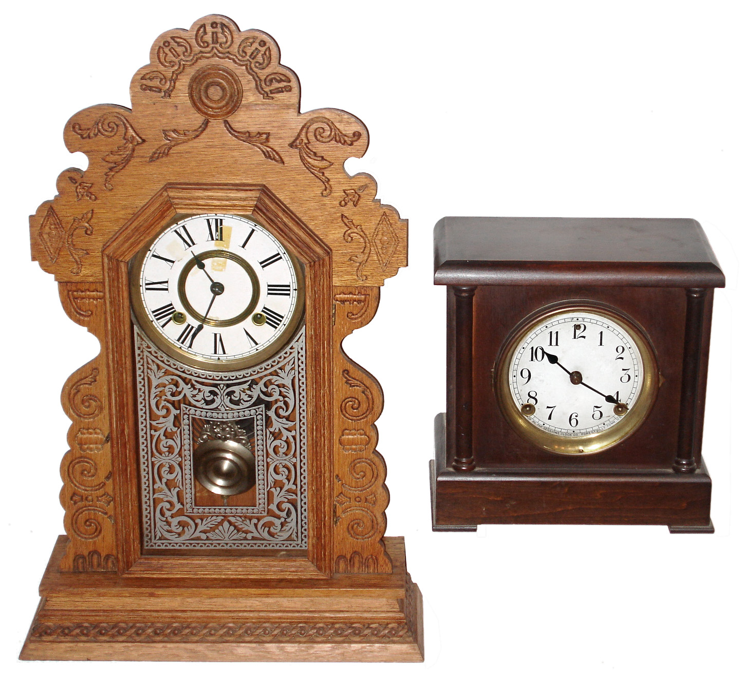 Clocks- 2 (Two), 8 day, time and strike, wood mantel clocks: Ansonia oak kitchen clock; Sessions "Leader No. 1" mahogany finish cabinet case;  c1900 and 1921 — Antique Clocks Price Guide
