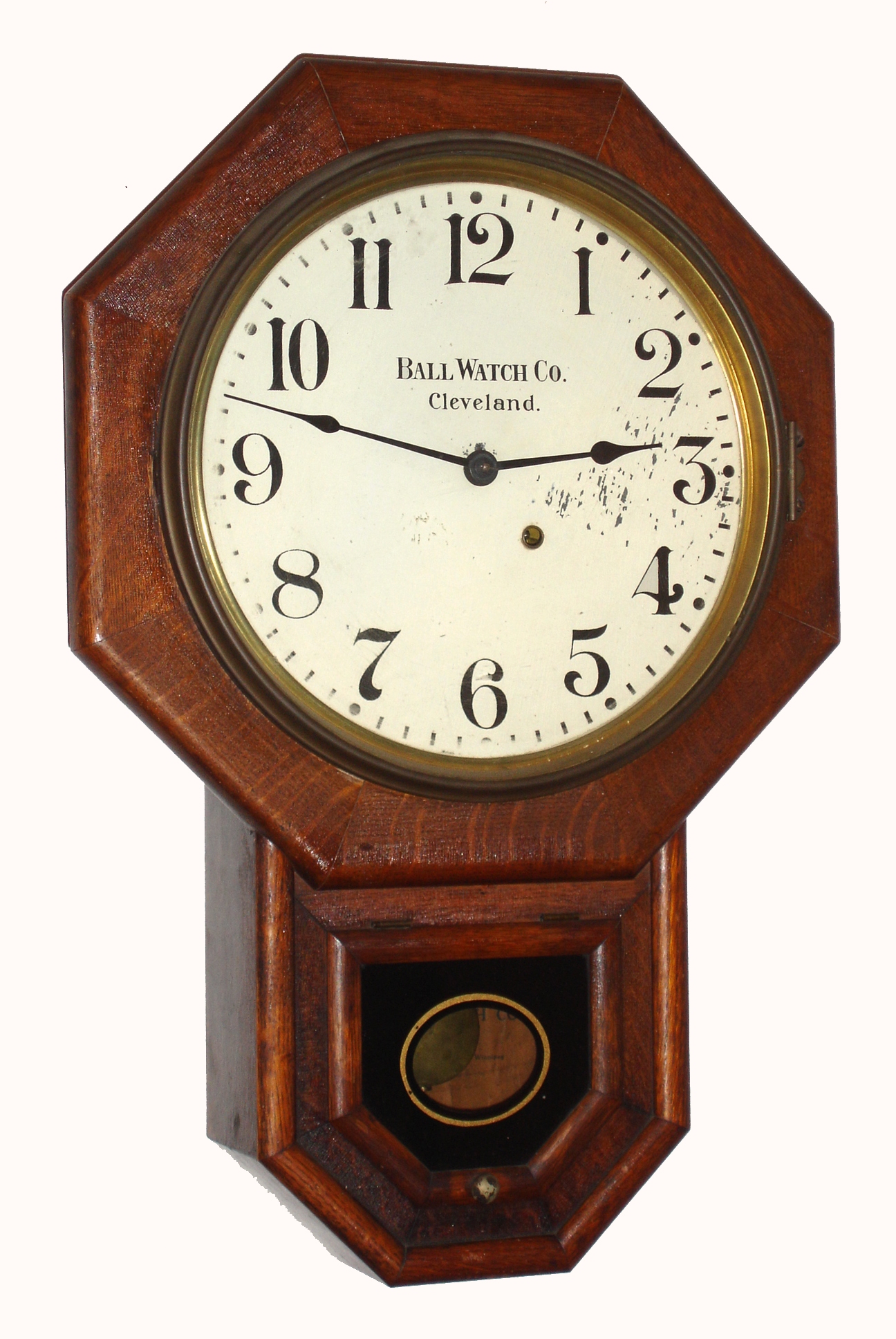 Ball Watch Co., Cleveland, Ohio, label and dial on with Seth Thomas time-only "12-Inch Drop" case and movement in old oak, c1900 — Antique Clocks Price Guide