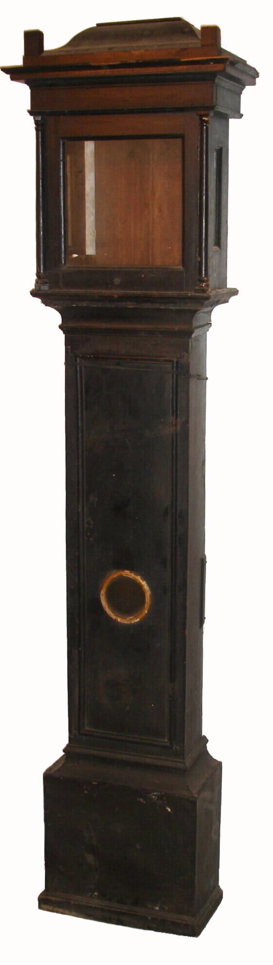 Tall clock case only, English made of pine with bell top hood inset with round glass in trunk door with spear point strap hinges, c1740 — Antique Clocks Price Guide