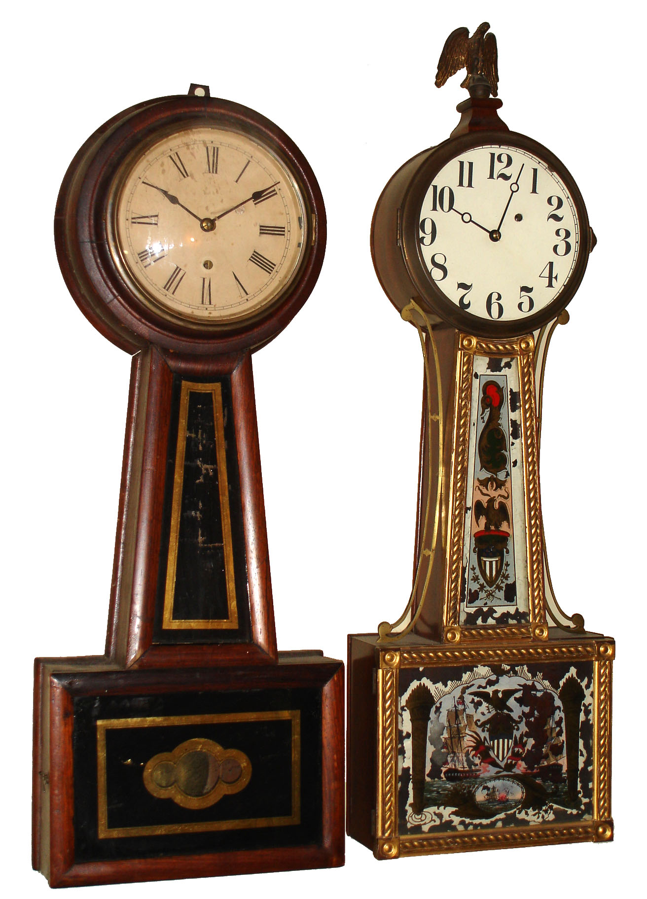 Clocks- 2 (Two) American full-size mahogany 8 day banjo timepieces: one gold-front weight-driven, c.1880, with modern movement; and a rare early Brewster and Ingraham spring-wound with black/gold glasses c1850. — Antique Clocks Price Guide