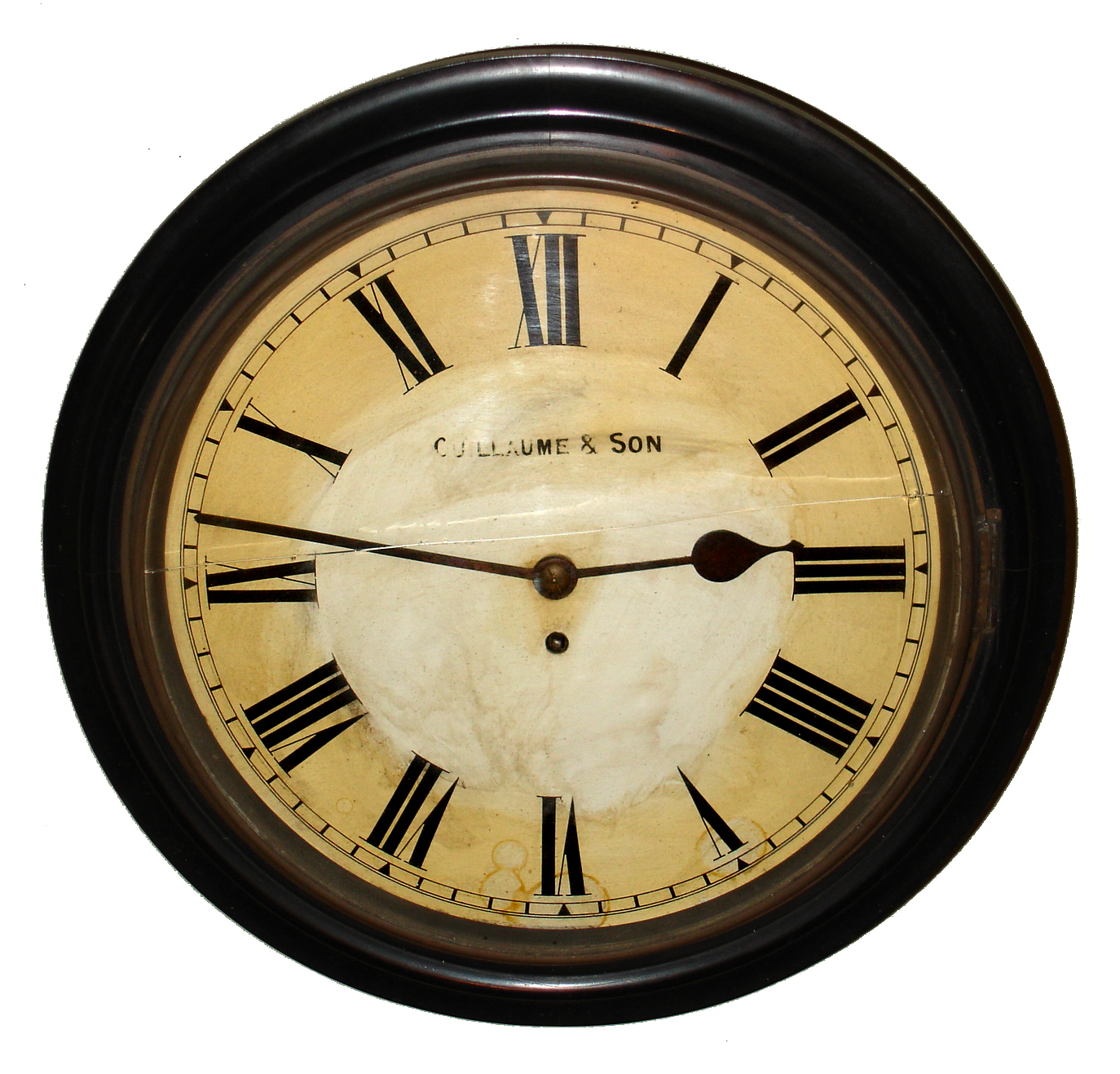 Guillaume and Son English dial ebonized wood 8 day fusee hanging timepiece, c1900 — Antique Clocks Price Guide