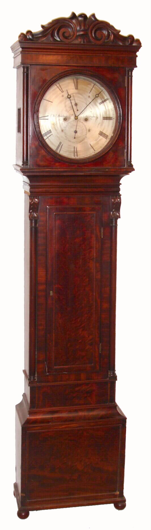 James Muirhead, Glasgow, Scotland tall clock, 8 day, time and strike, weight driven movement with painted metal pendulum in a mahogany veneer case with brass silvered metal round dial, showing seconds below 12 and simple calendar above the 6, c1830 — Antique Clocks Price Guide