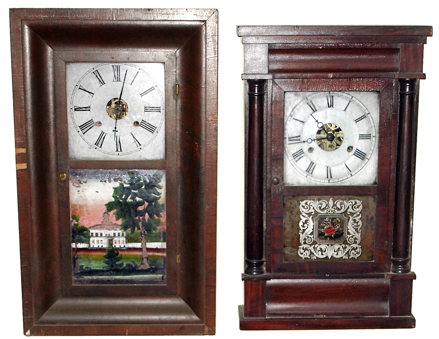 Clocks- 3 (Three) Connecticut 30 hour time and strike mahogany shelf clocks, c1860: two weight driven and one spring driven Waterbury beehive with alarm — Antique Clocks Price Guide