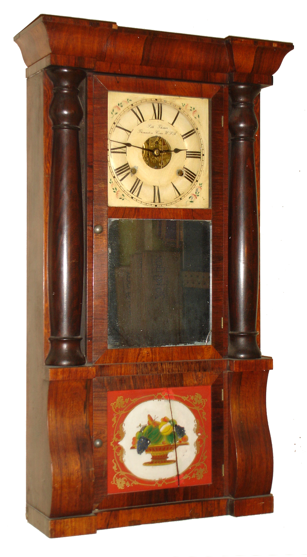 Seth Thomas Clock Co., Thomaston, Conn., rosewood veneer 8 day weight driven time and strike column and cornice shelf clock, c1870 — Antique Clocks Price Guide