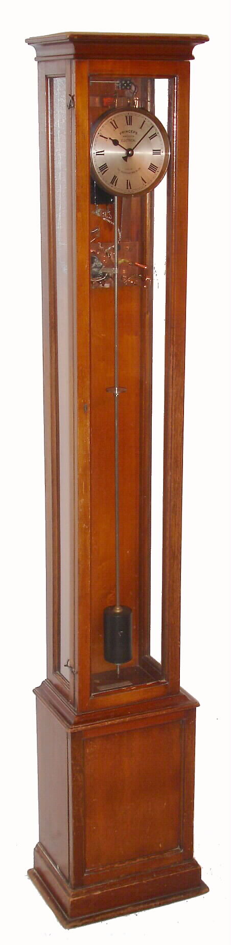 Princeps "Master Clock" Electrical New System made by the Telephone Mfg. Co. Ltd., London, England, time only, electrically driven [low voltage DC] movement with invar pendulum mounted from a bronzed bracket and connected to an impulse mechanism in a cherry and/or mahogany case with silvered brass round 5" dial, c1930 including slave clock — Antique Clocks Price Guide