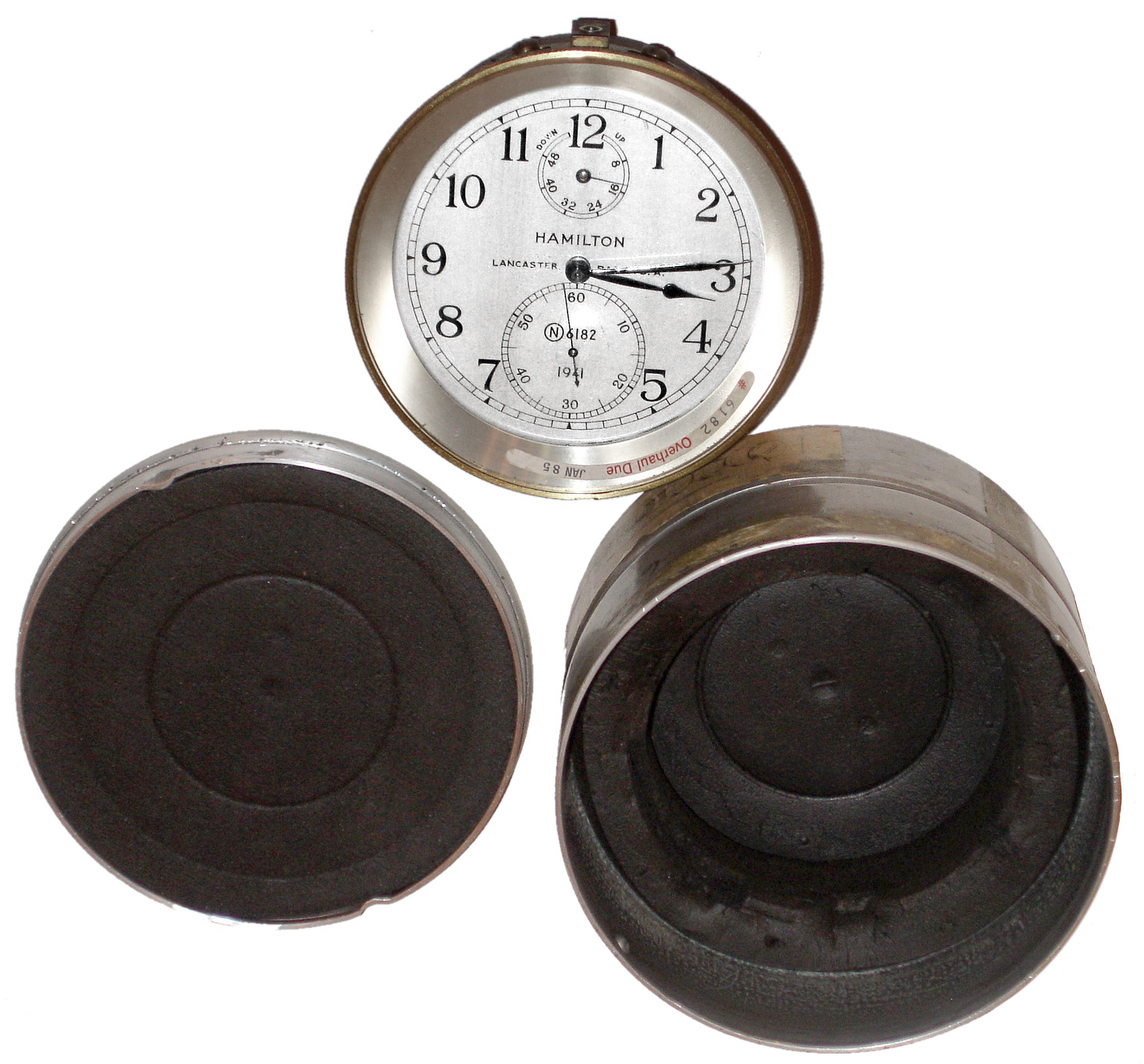 Hamilton Watch Co., Lancaster, PA, Model 21 56 hour marine chronometer in aluminum packing tub, 1941 — Antique Clocks Price Guide