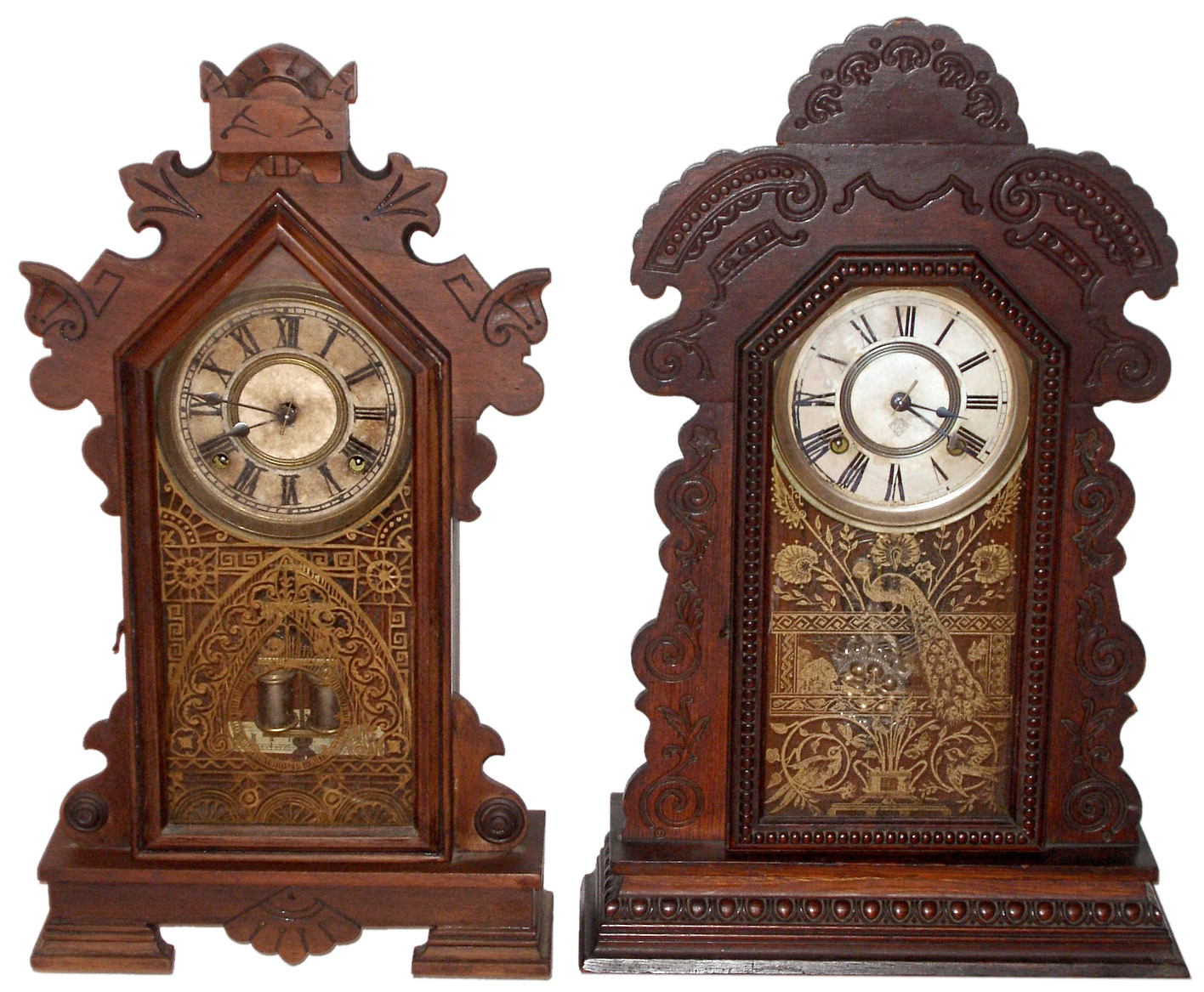 Clocks- 2 (Two) Ansonia Clock Co., 8 day, time and strike, wood gingerbread shelf clocks, c1885 — Antique Clocks Price Guide