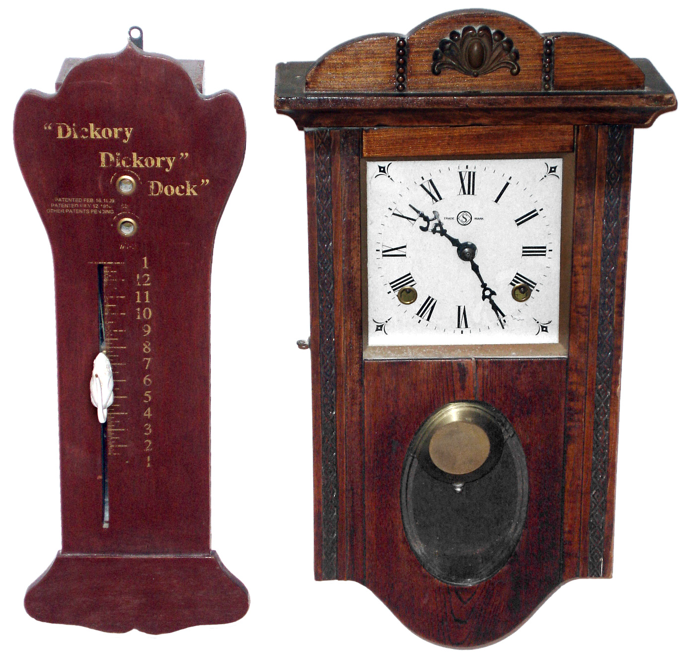 Clocks- 2 (Two) 8 day wood wall clocks: Horolovar Co, New York reproduction "Dickory Dickory Dock" mouse clock, bell on the hour, c1970; Japanese time and strike box clock, c1920 — Antique Clocks Price Guide