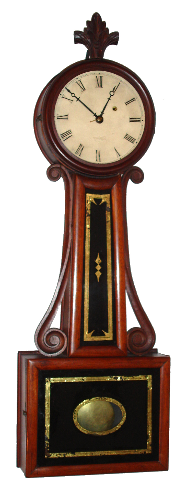 Attleboro style Massachusetts mahogany 8 day weight driven banjo timepiece, c1850 — Antique Clocks Price Guide