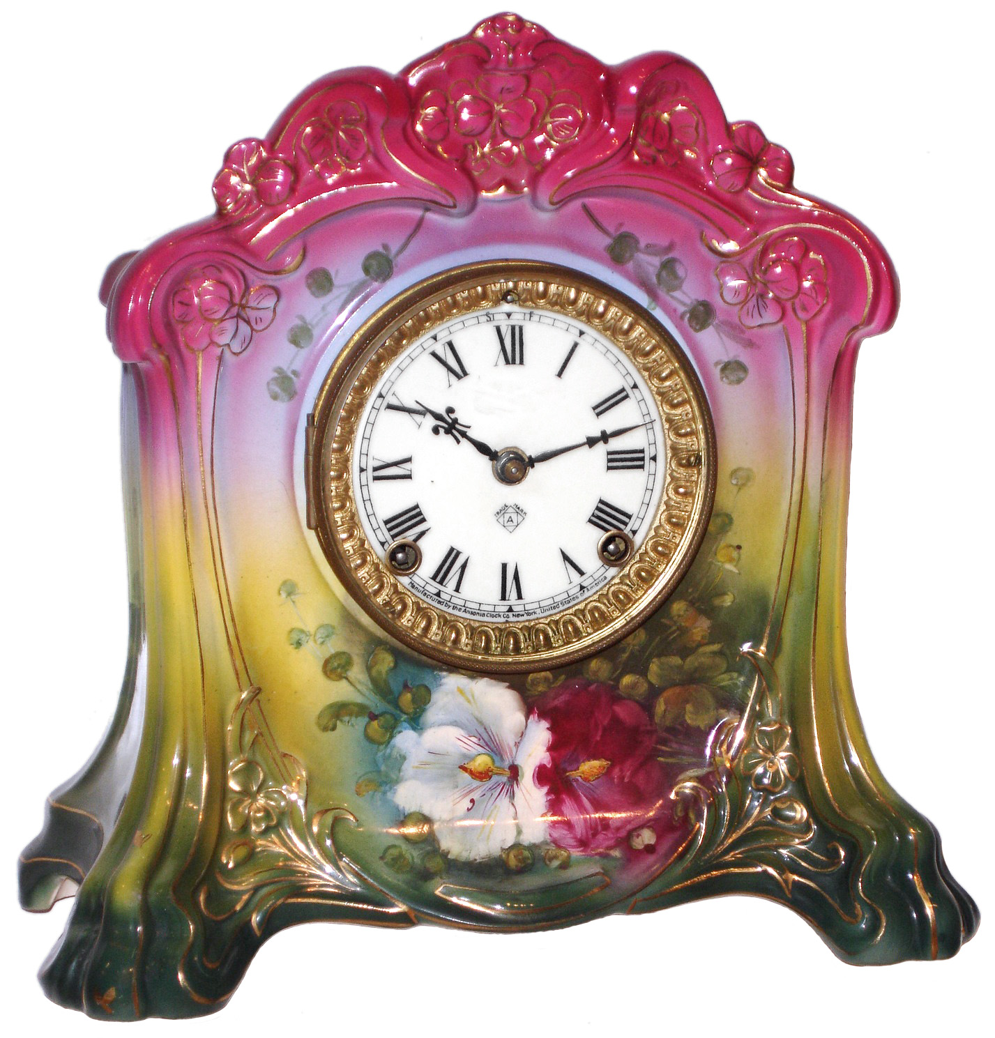 Ansonia Clock Co., New York, NY, "La Cette" Royal Bonn, 8 day, time and strike, porcelain mantel clock, c1904 — Antique Clocks Price Guide