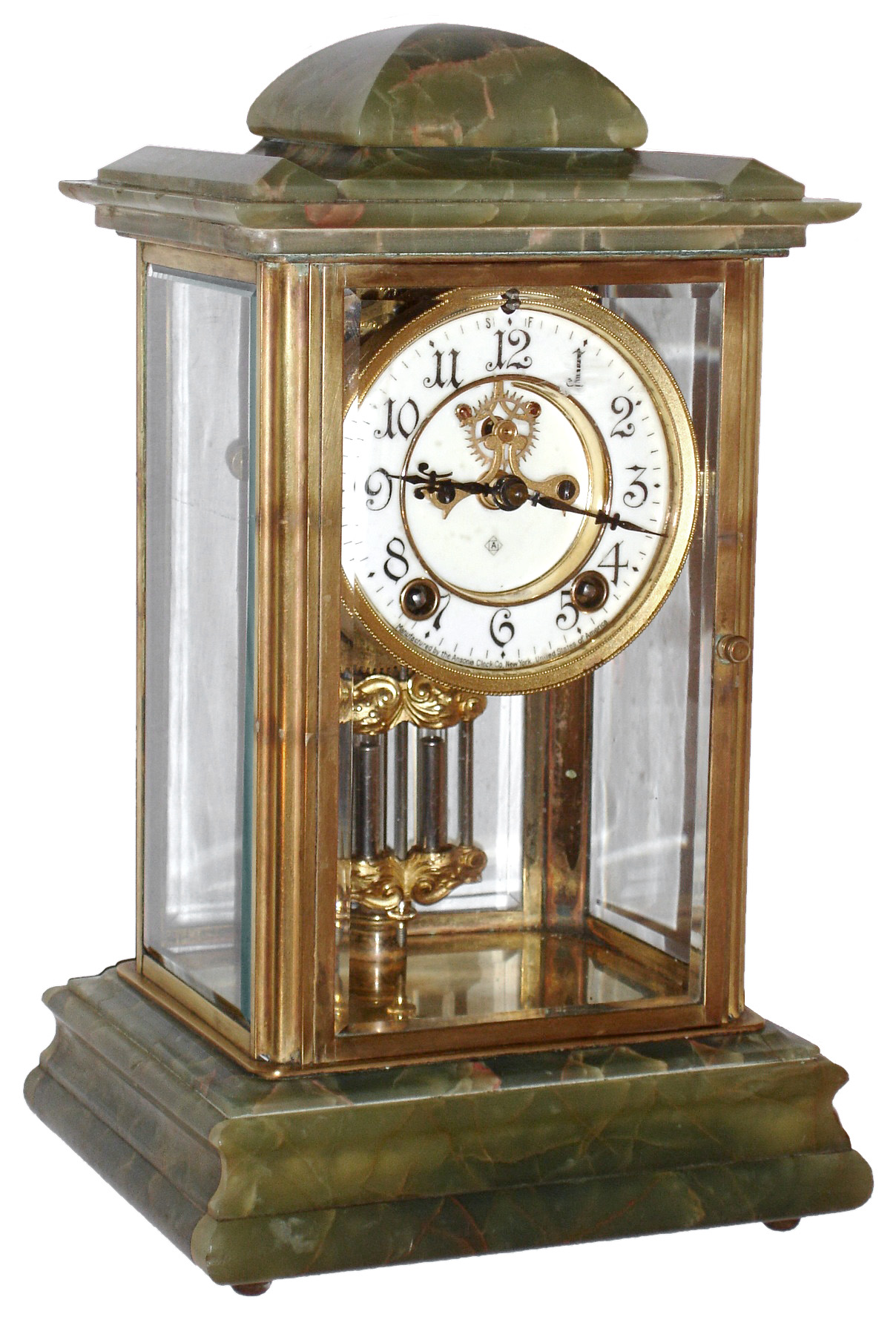 Ansonia Clock Co., New York, NY, "Premier", 8 day, time and strike, onyx, brass and glass crystal regulator with visible escapement, c1914 — Antique Clocks Price Guide