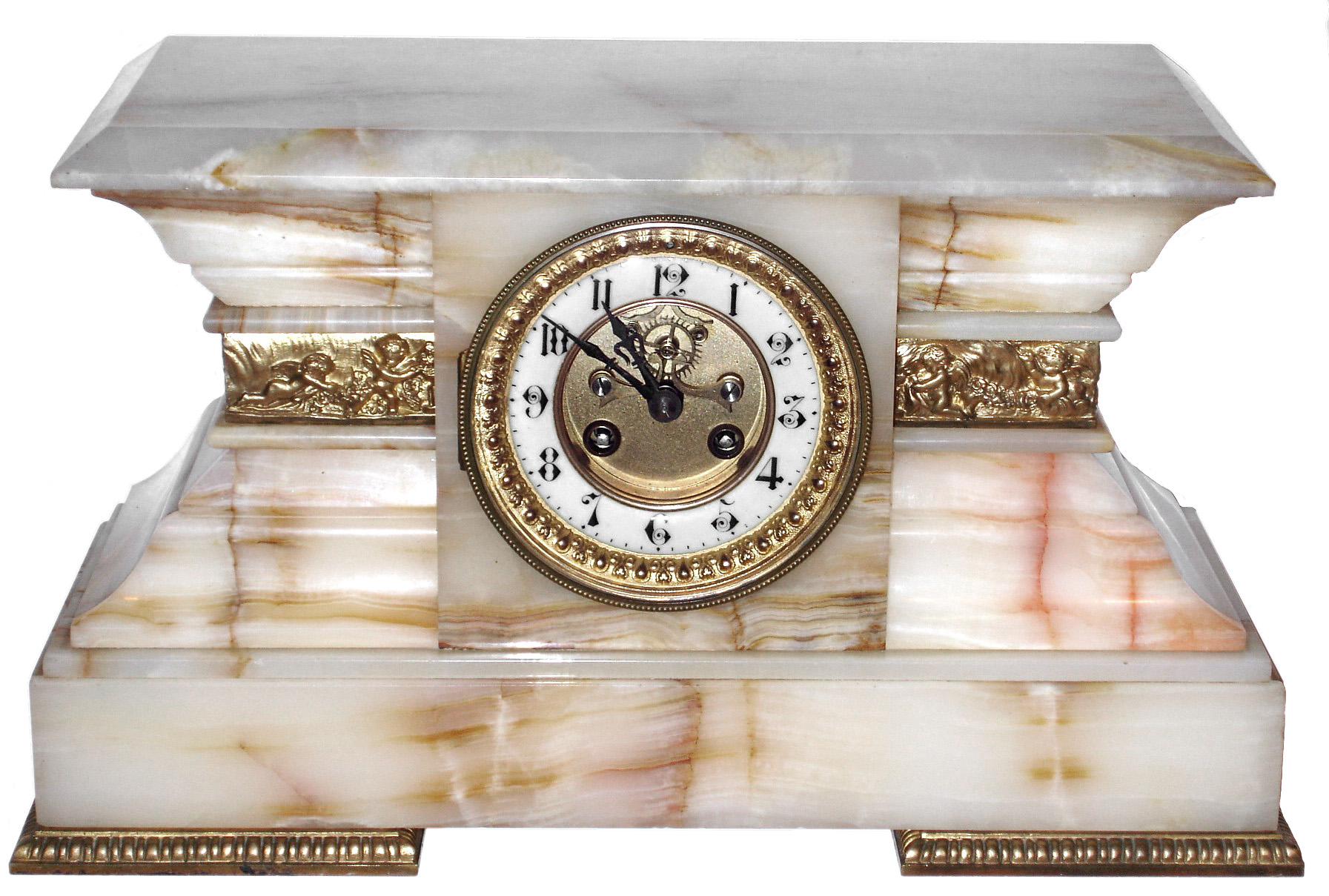 French white onyx, 8 day, time and strike, mantel clock with visible escapement, c1880 — Antique Clocks Price Guide