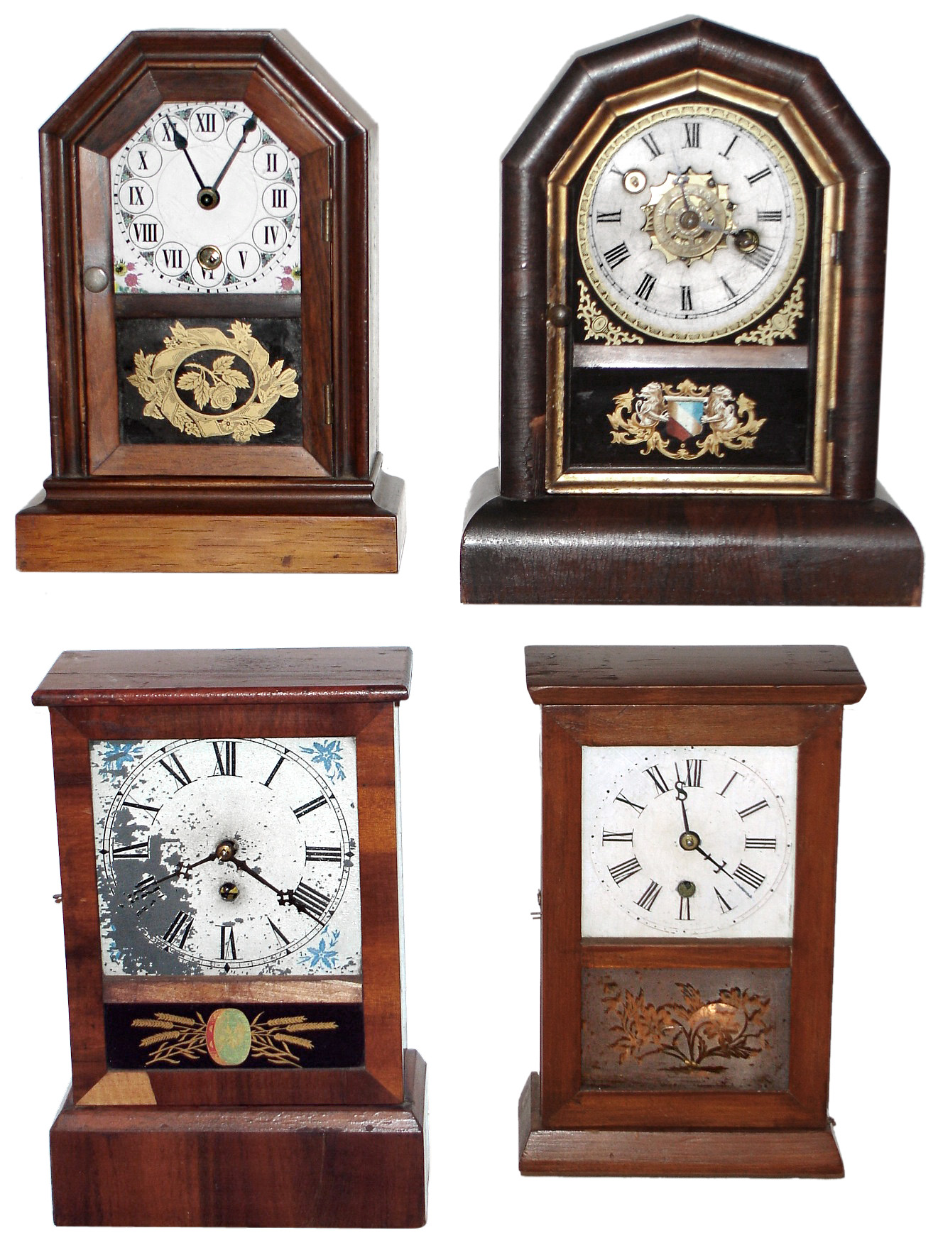 Clocks- 4 (Four) Connecticut small 30 hour wood cottage timepieces: S. B. Terry Gilbert, Jerome and Atkins; mid 19th century — Antique Clocks Price Guide