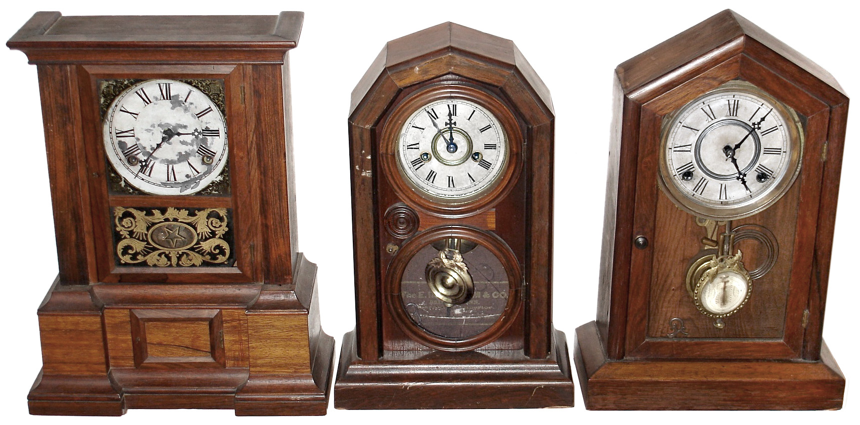Clocks- 3 (Three)  American time and strike wood shelf clocks: 8 day Atkins "London" and Kroeber "Dictator"; 30 hour Ingraham "Octagon Doric"; c1875 — Antique Clocks Price Guide