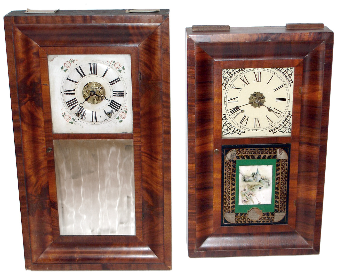 Clocks- 2 (Two) mahogany time and strike weight-driven OG shelf clocks: Waterbury 30 hour; Manross 8 day; mid 19th century — Antique Clocks Price Guide