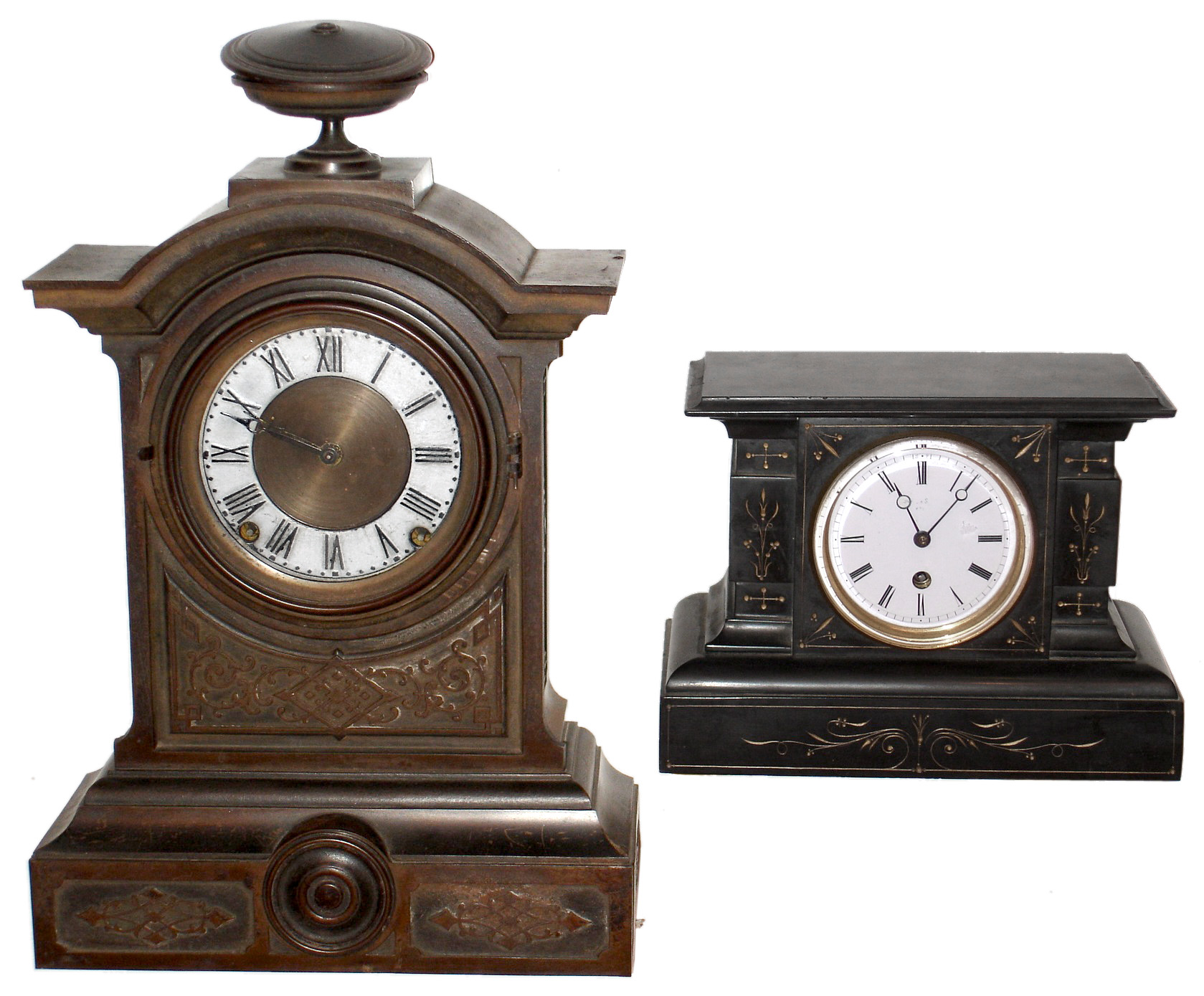 Clocks- 2 (Two) 8 day mantel clocks: French black marble timepiece; Seth Thomas time and strike cast metal;  c. 1870. — Antique Clocks Price Guide