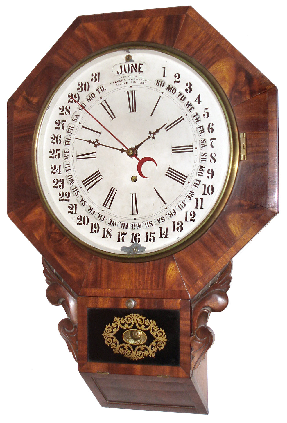 Wm. L. Gilbert Clock Co., Winsted, Conn., 8 day, "Octagon Drop Calendar ", Maranville Patent calendar wall timepiece, c1870 — Antique Clocks Price Guide