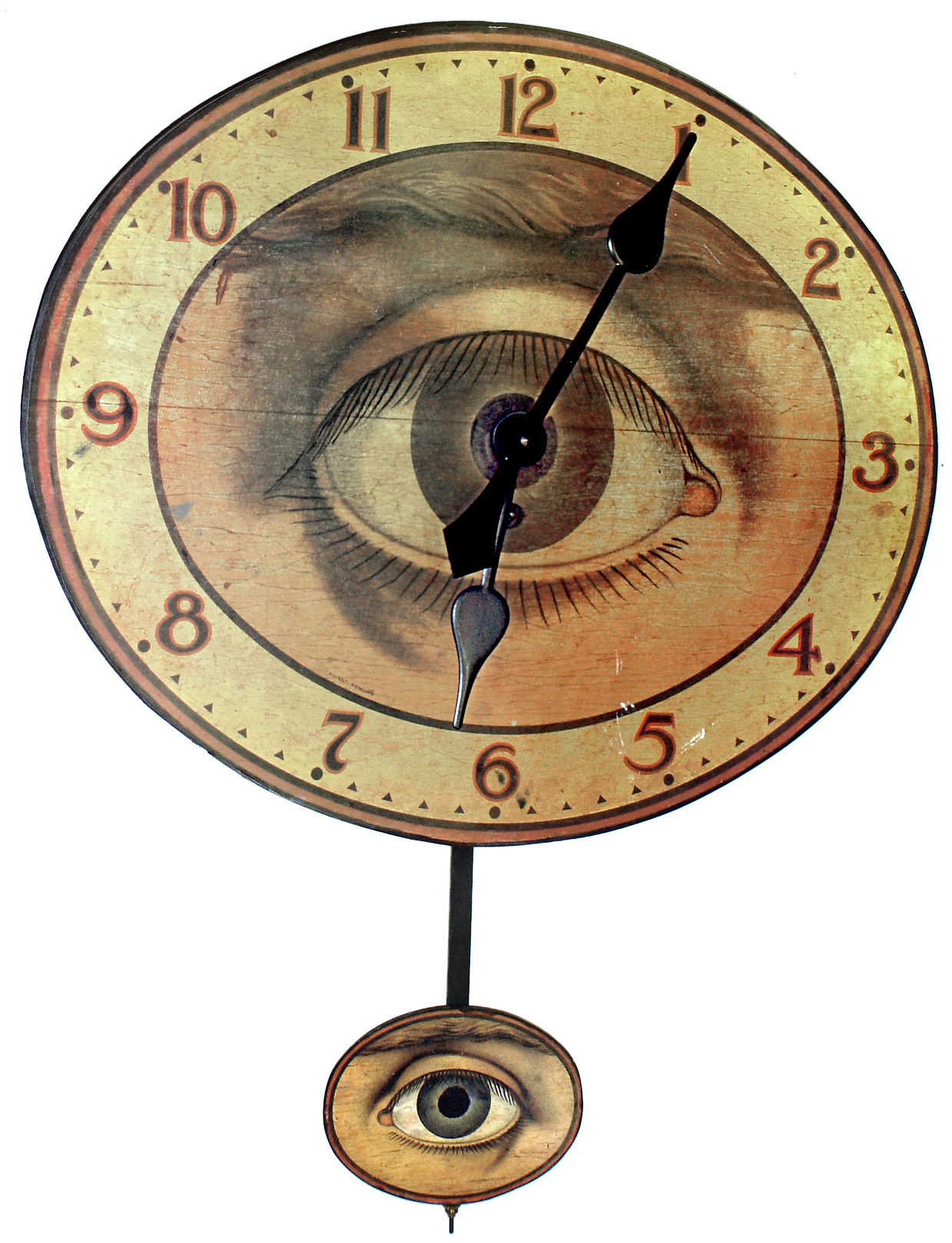 Clocks- 2 (Two)- "Optical Advertising" reproduction wall clock, 8 day, time only, spring driven movement with dial painted in the manner of a human eye with matching pendulum bob, c1980 and a New Haven 3/4 chiming banjo wall clock, 8 day spring driven with eagle finial — Antique Clocks Price Guide