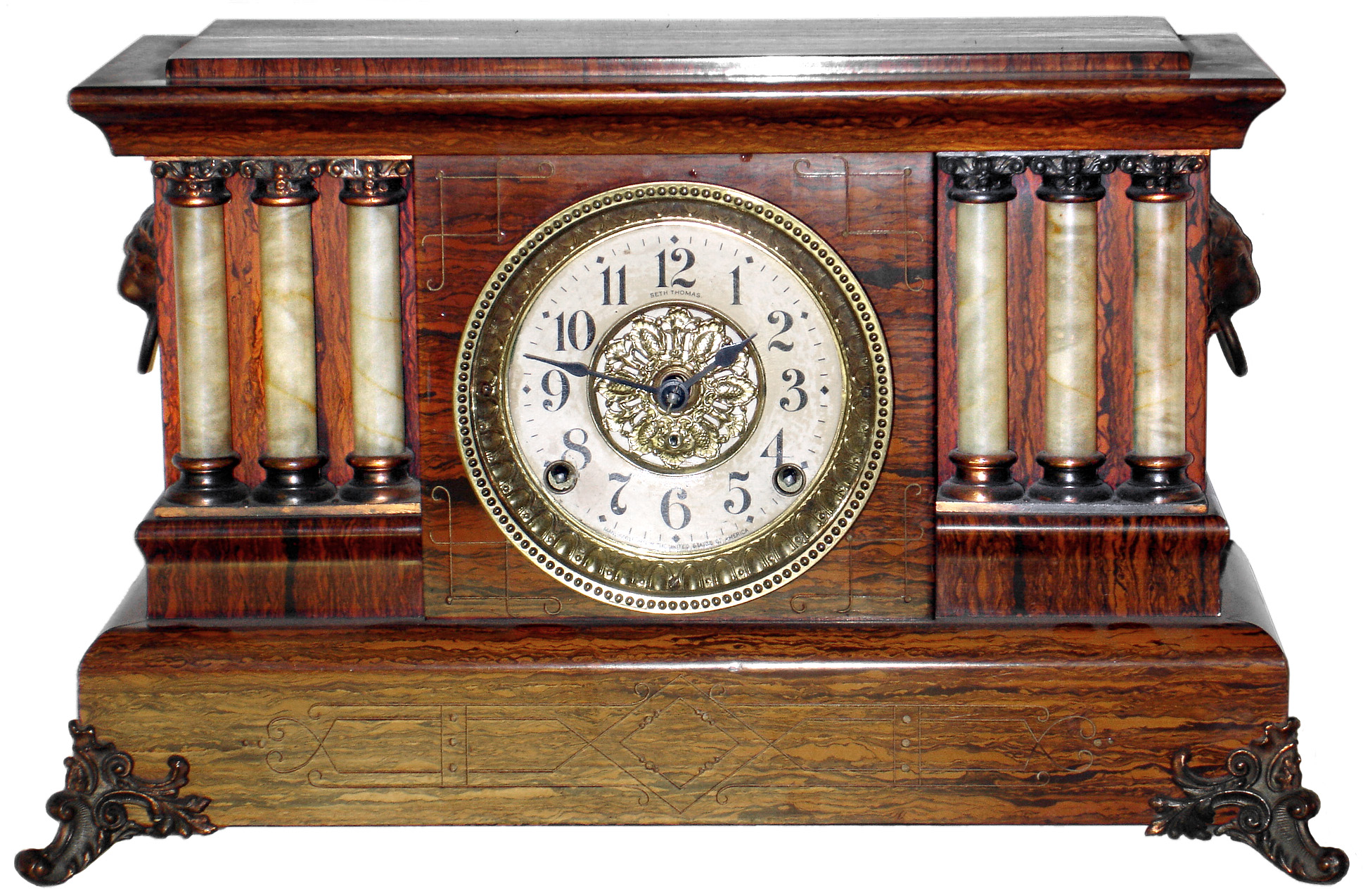 Seth Thomas Clock Co., Thomaston, Conn., Adamantine rosewood-look, 8 day, time and strike, mantel clock, c1909 — Antique Clocks Price Guide