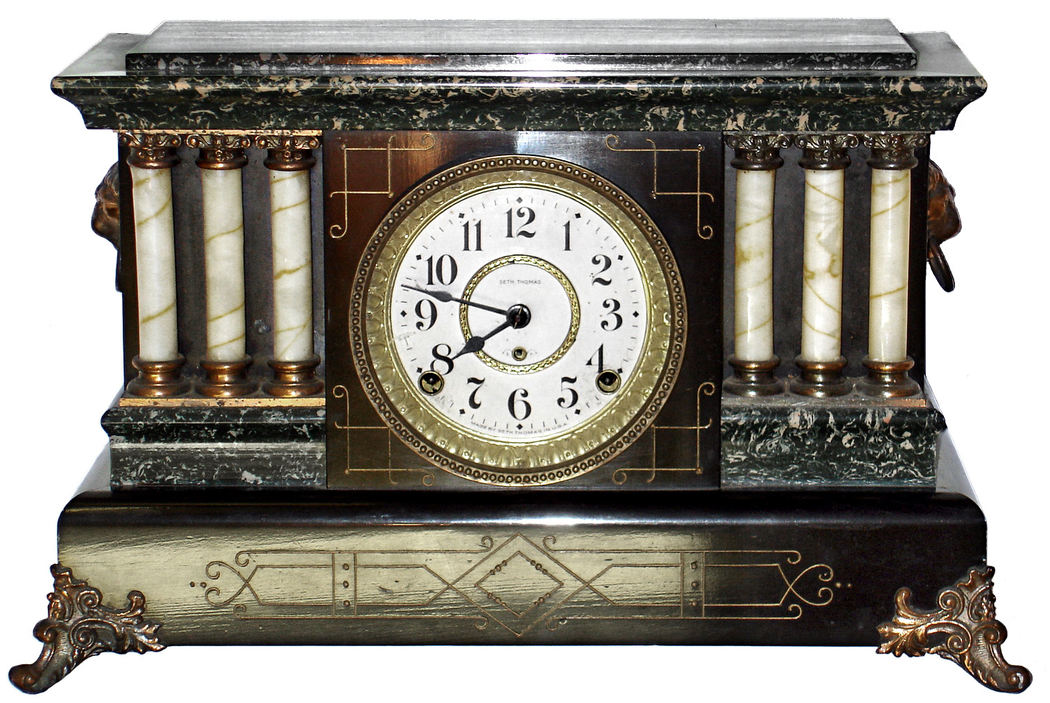 Seth Thomas Clock Co., Thomaston, Conn., Adamantine green marble look, 8 day, time and strike, mantel clock, c1909 — Antique Clocks Price Guide