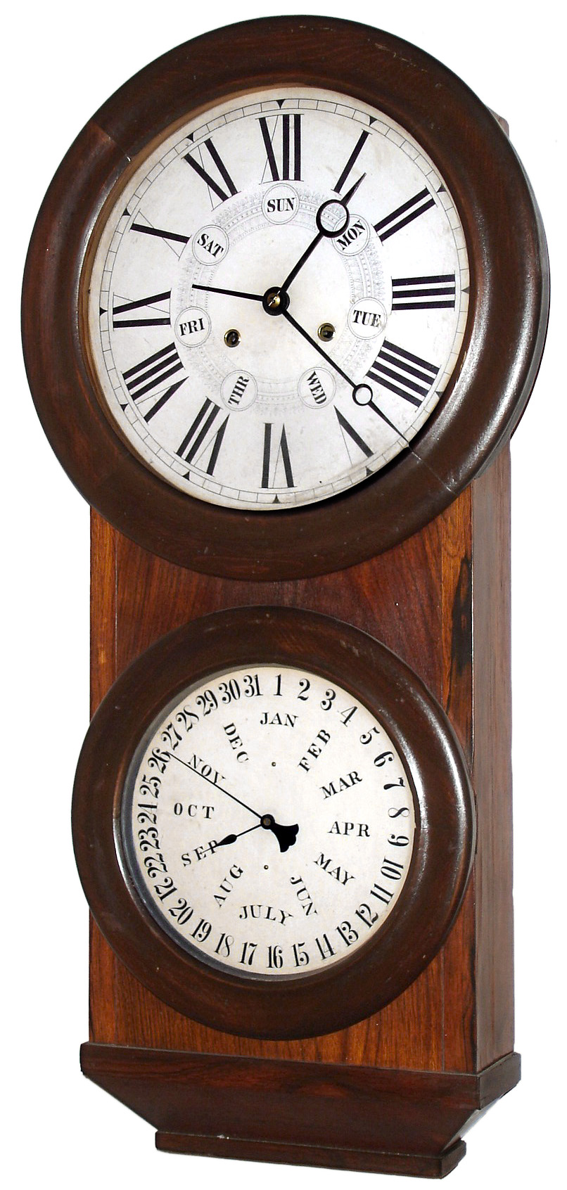 L.F. and W.W. Carter, 8 day, weight double dial wall calendar timepiece, c1865. — Antique Clocks Price Guide