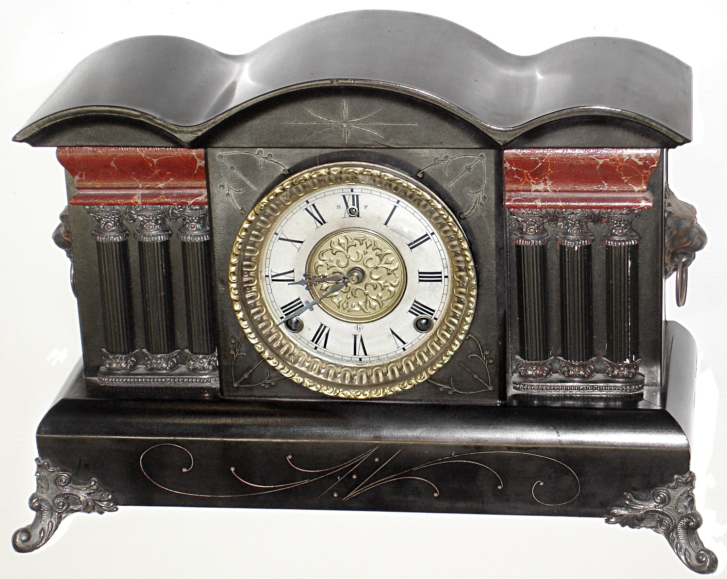 Wm. L. Gilbert Clock Co., Winsted, Conn., "Malden" black enamel wood, 8 day, time and strike, mantel clock, c1900 — Antique Clocks Price Guide