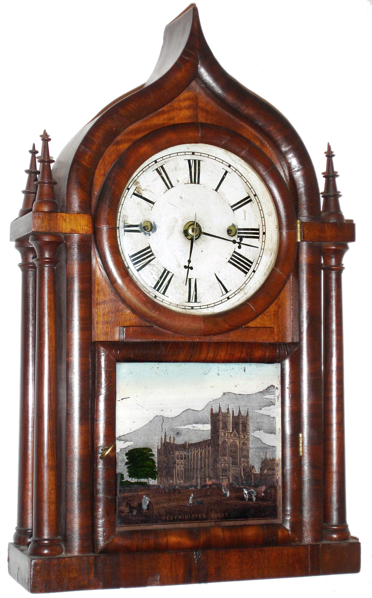 Forestville Mfg. Co., 8 day, time and strike 4-column onion top or round gothic shelf clock, c1840 — Antique Clocks Price Guide