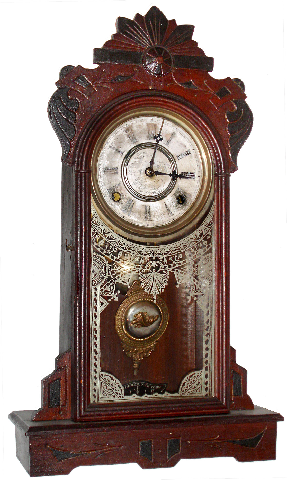 F. Kroeber Clock Co., "Climax", 8 day, time and strike mantel clock, c1881. — Antique Clocks Price Guide