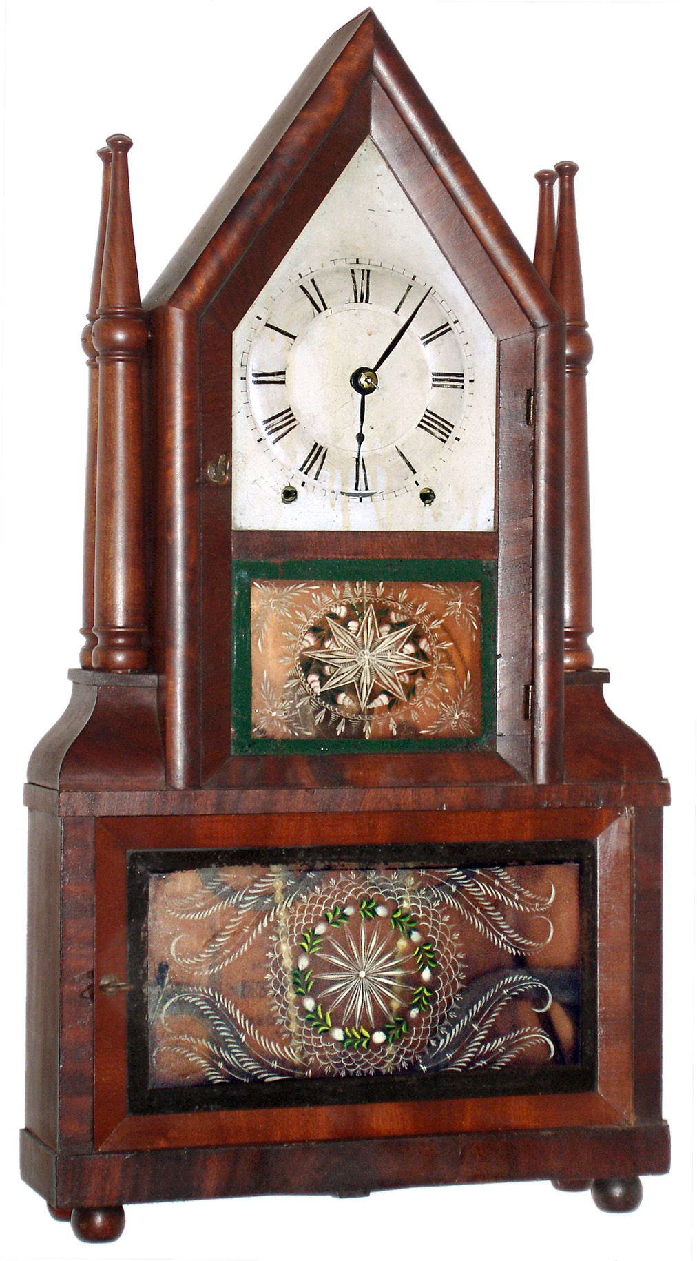 Birge and Fuller, Bristol, Conn., 8 day, time and strike wagon spring steeple on frame with candle finials shelf clock, c1845 — Antique Clocks Price Guide