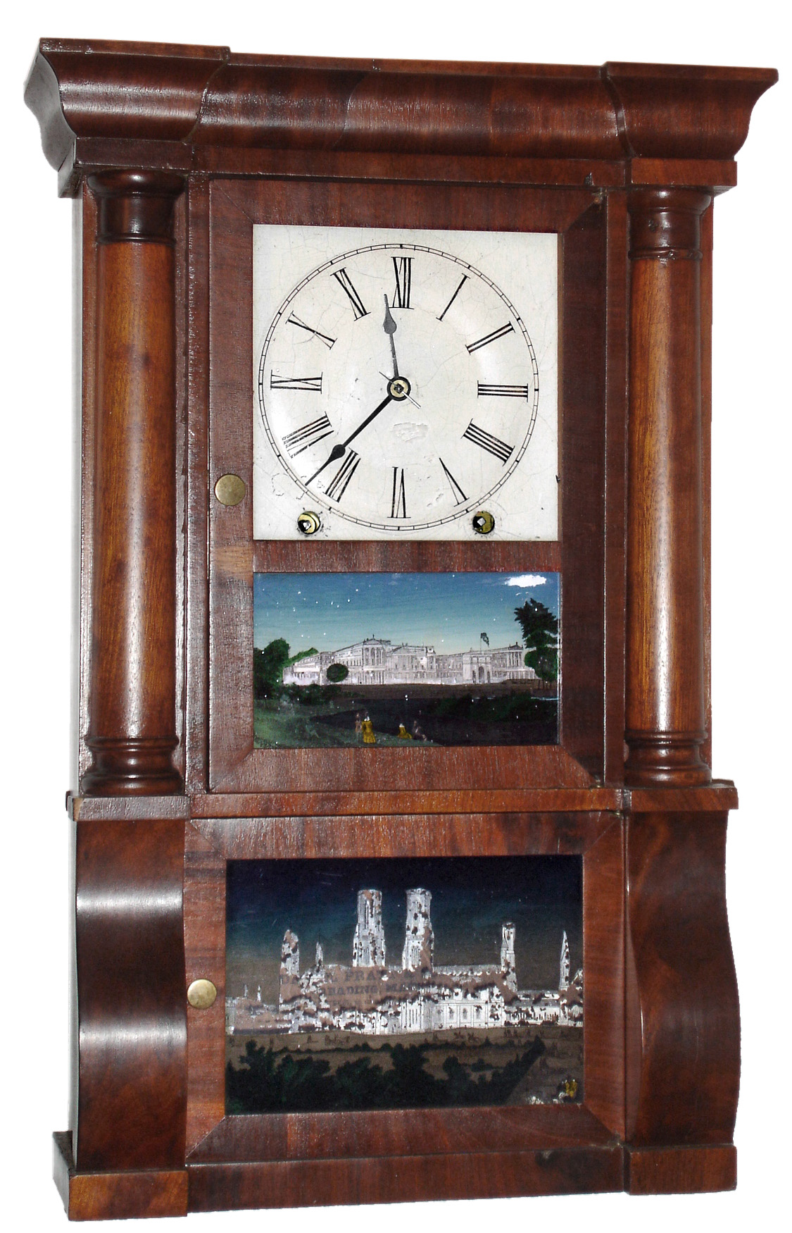 Daniel Pratt and Sons, 8 day, time and strike miniature column and cornice shelf clock.  These were made by E. O. Goodwin, Bristol, CT for Pratt. (Goodwin used B&amp;I movements), c. 1855. — Antique Clocks Price Guide