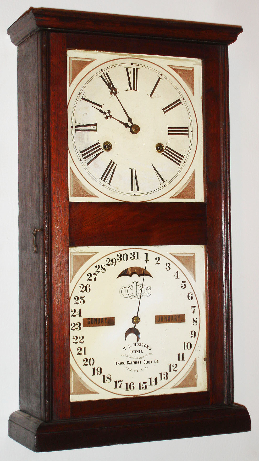 Ithaca Calendar Clock Co., Ithaca, NY, "No. 10 Farmer's", 8 day, double wind calendar shelf timepiece, c1880. — Antique Clocks Price Guide