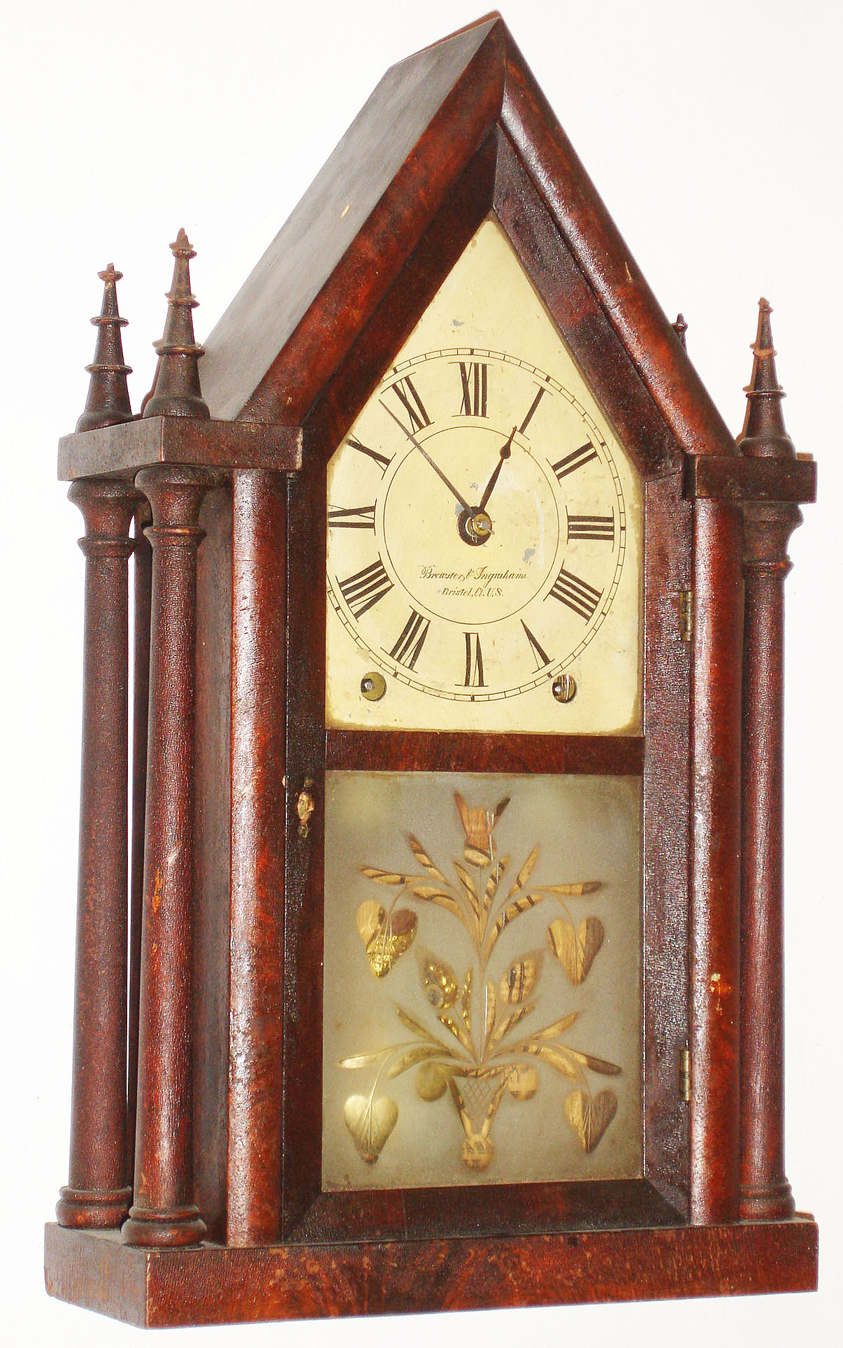 Brewster and Ingrahams, Bristol, Conn., 8 day, time and strike 4-column steeple clock, c1850 — Antique Clocks Price Guide