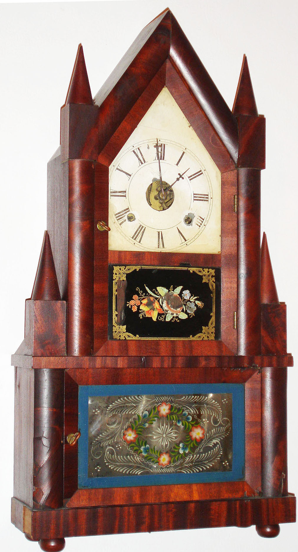Birge and Fuller, Bristol, Conn., 30 hour, time and strike, wagon spring steeple on frame [or double steeple] shelf clock, c1845 — Antique Clocks Price Guide