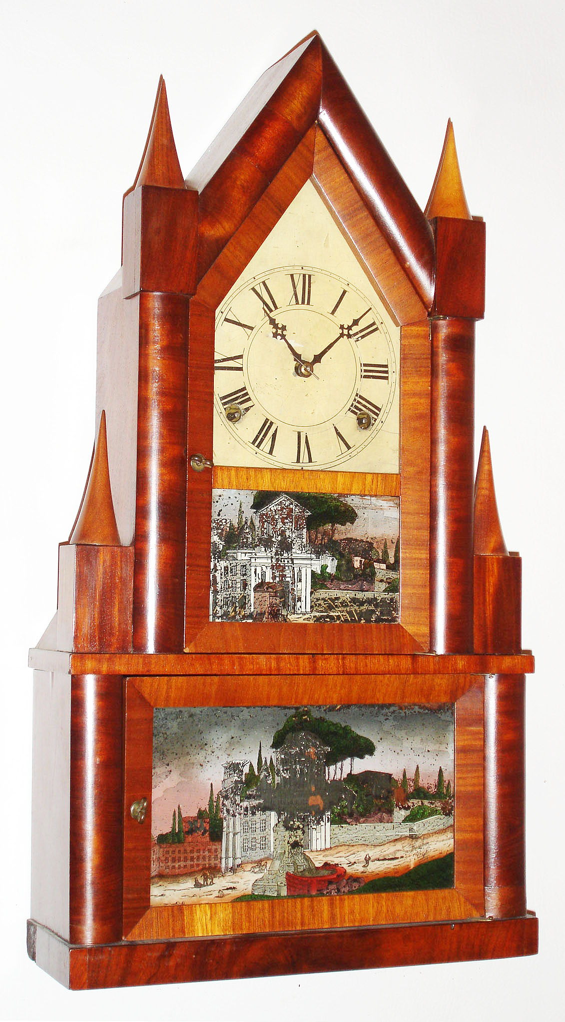 Elisha Manross, Bristol, Conn., 8 day, time and strike fusee strap brass movement steeple on frame shelf clock, c1845. — Antique Clocks Price Guide