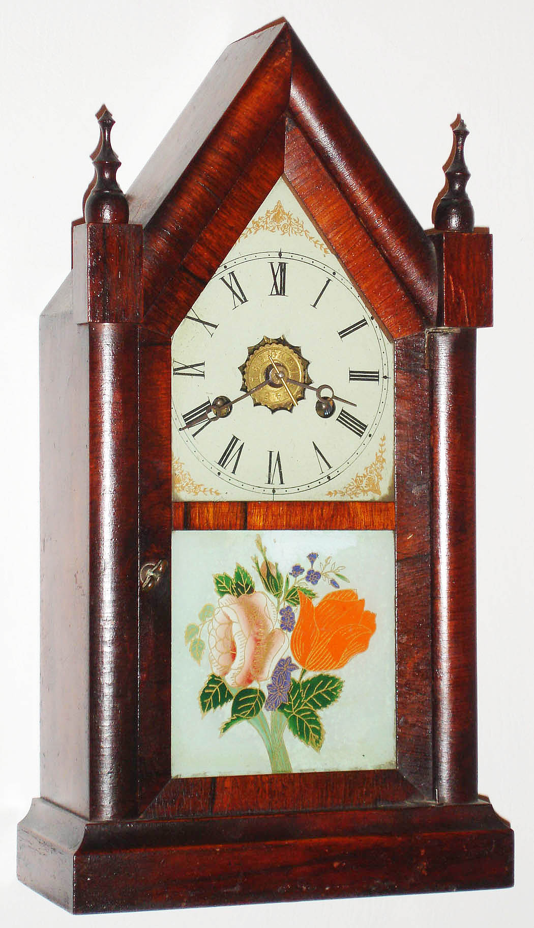 E.N. Welch Mfg. Co., Forestville, Conn., 30 hour, time/alarm steeple timepiece, c1870. — Antique Clocks Price Guide