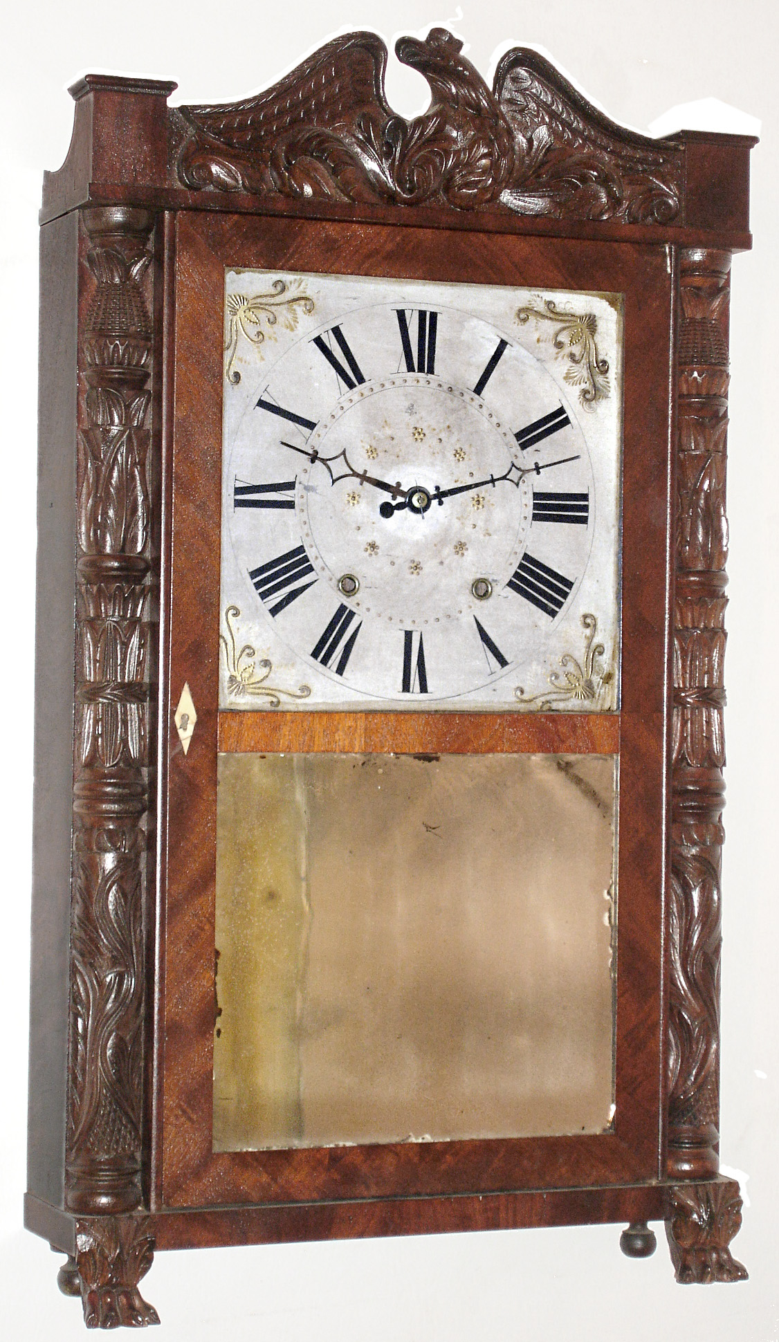 Riley Whiting, Winchester, Conn., 30 hour, time and strike, wood movement carved column and splat shelf clock, c1830. — Antique Clocks Price Guide