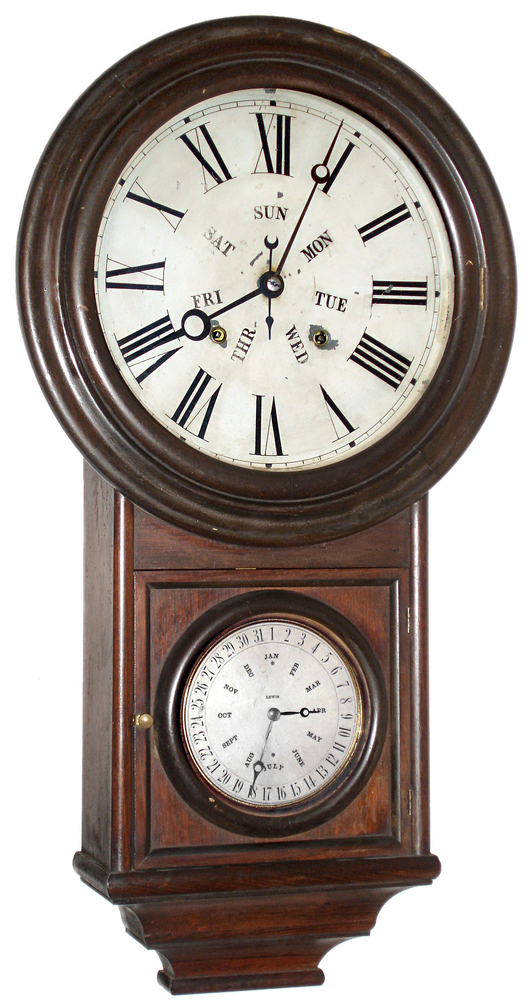 Welch, Spring and Co., Forestville, Conn., "No. 4 Round Head Regulator", 8 day, time and strike calendar wall clock, c1878 — Antique Clocks Price Guide