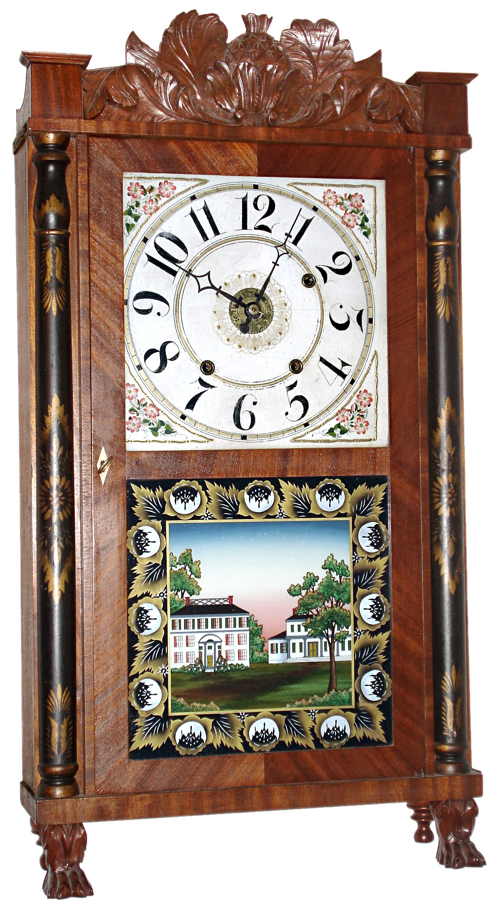 Riley Whiting, Winchester, Conn., 30 hour, time and strike, /alarm wood movement half column and carved splat shelf clock, c1830. — Antique Clocks Price Guide