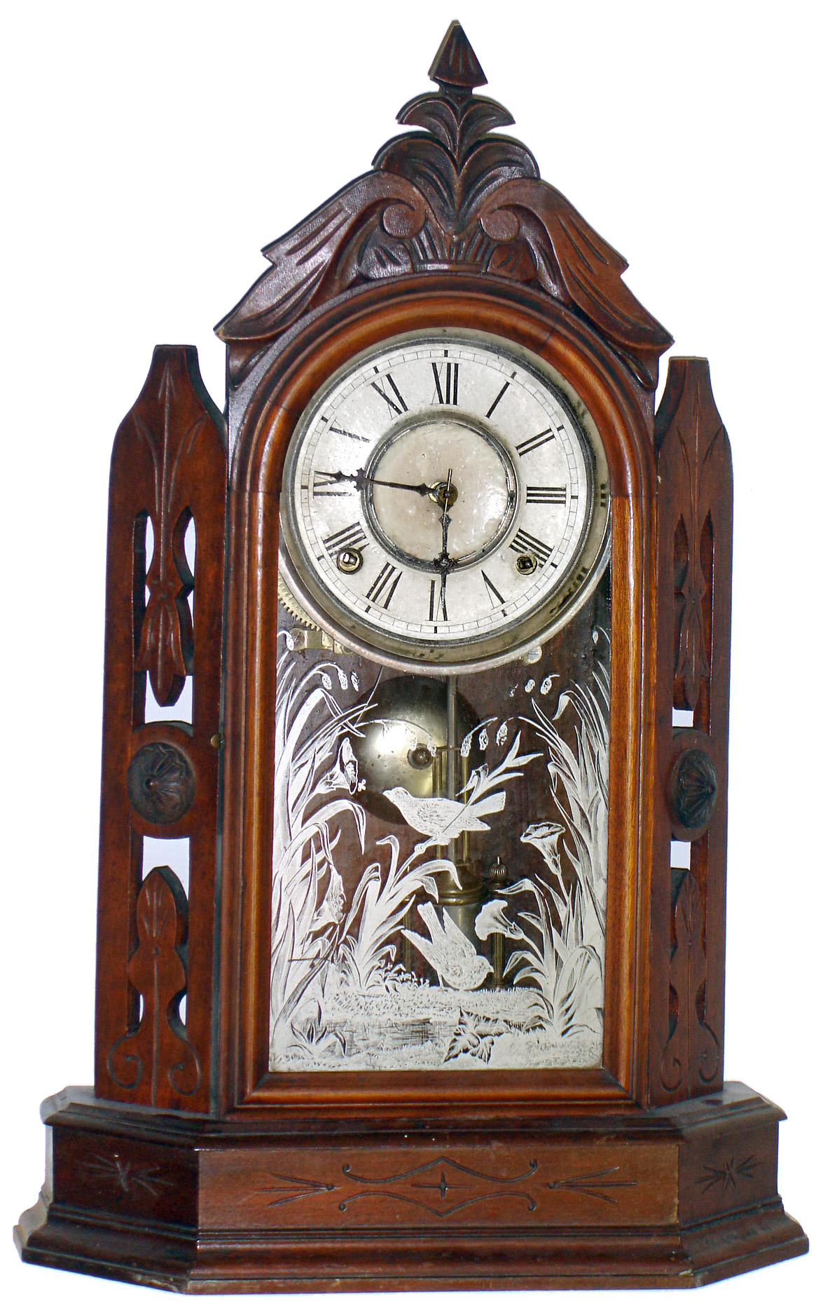 Wm. L. Gilbert Clock Co., Winsted, Conn., "Turret" walnut, 8 day, time and strike, shelf clock, c1881 — Antique Clocks Price Guide