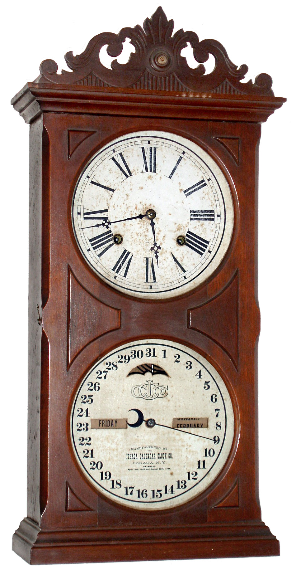 Ithaca Calendar Clock Co., Ithaca, NY, "No. 10 Farmer's", 8 day, time and strike double dial calendar clock, c1880. — Antique Clocks Price Guide