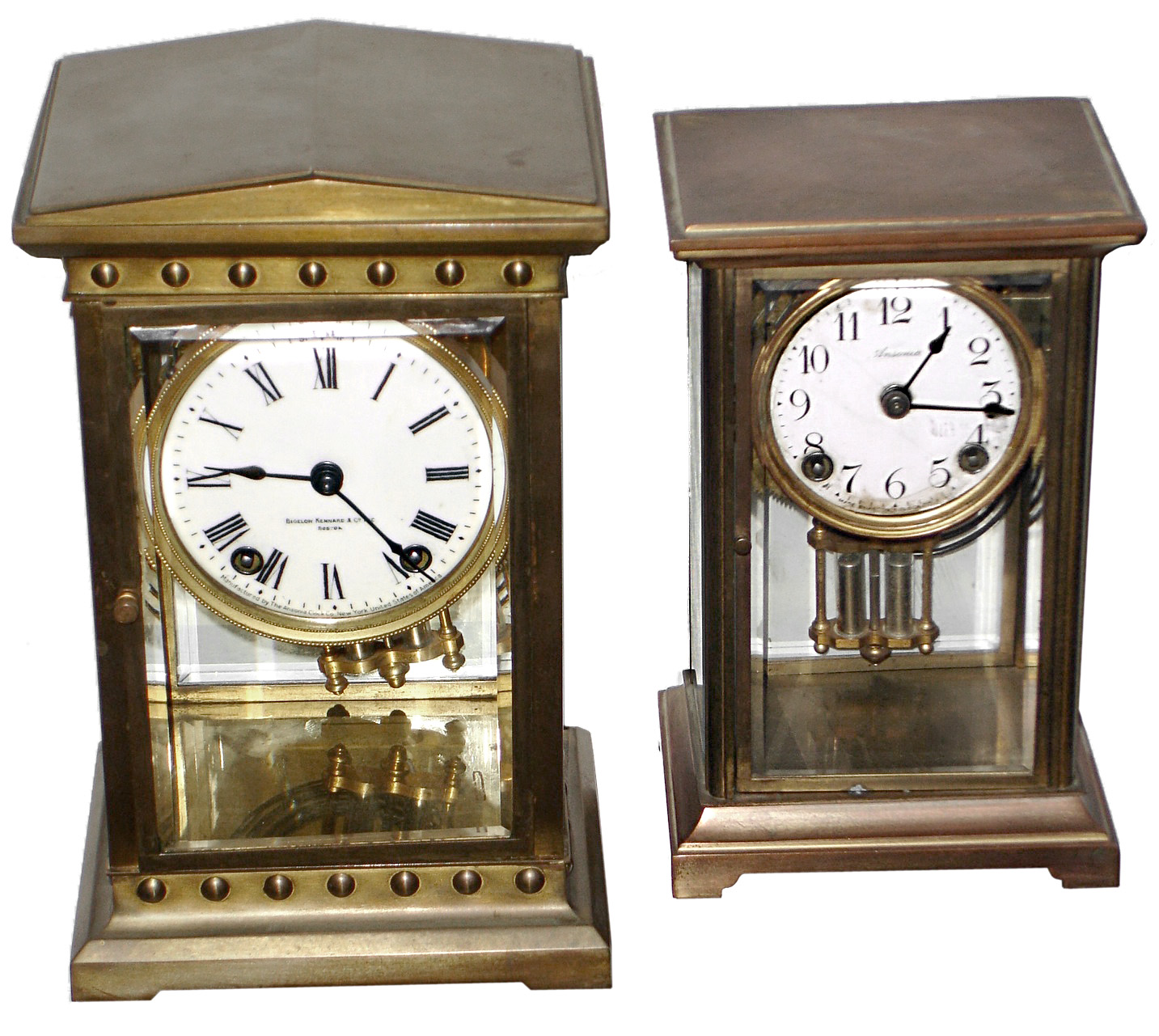Clocks- 2 (Two) Ansonia Clock Co., New York, brass and glass 8 day time and strike crystal regulators: "Dorval" and "Colby"'; c1914 — Antique Clocks Price Guide