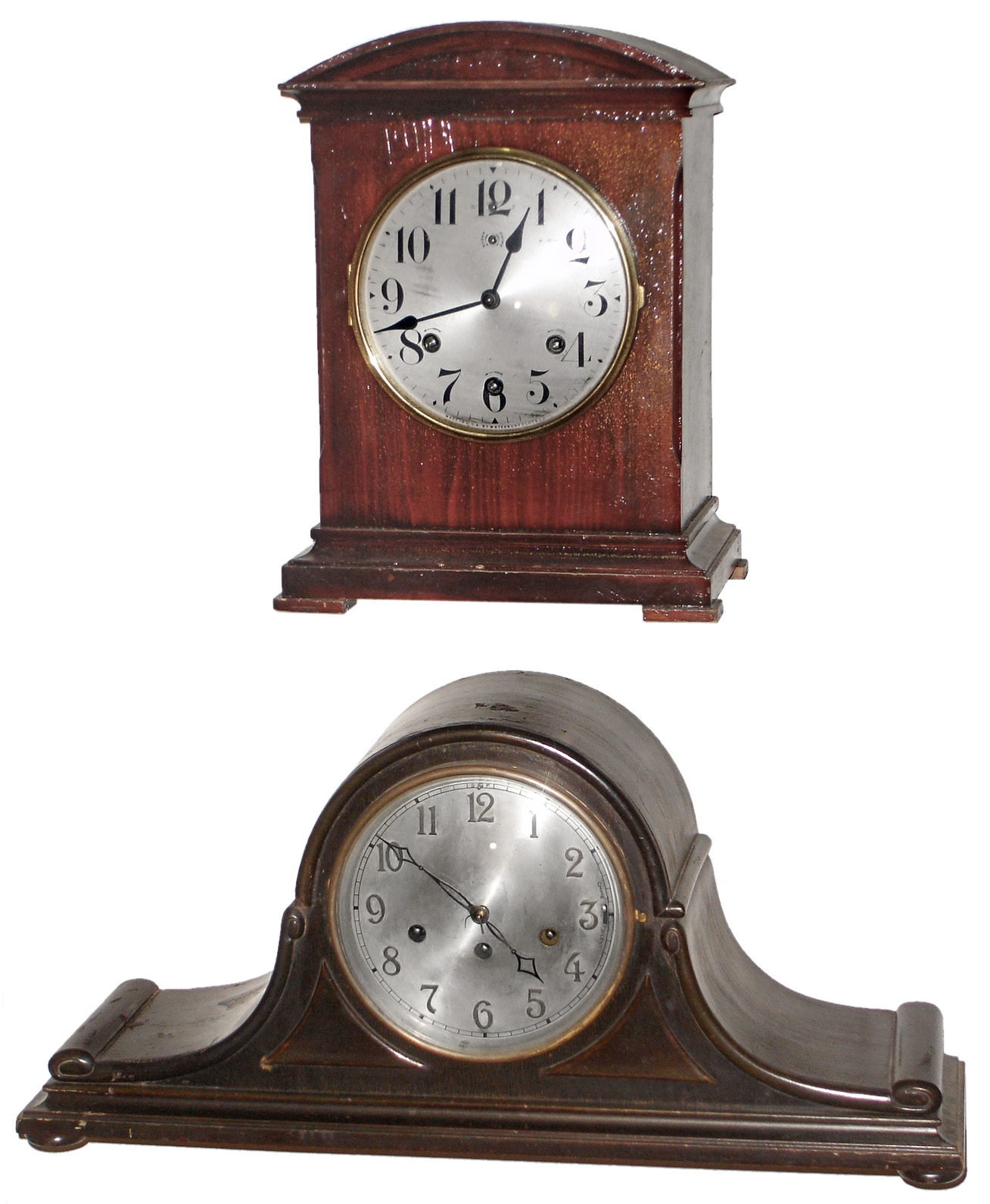 Clocks- 2 (Two) mahogany 8 day Westminster chime mantel clocks: Waterbury "Chime Clock No. 902"; German Junghans tambour; early 20th century — Antique Clocks Price Guide