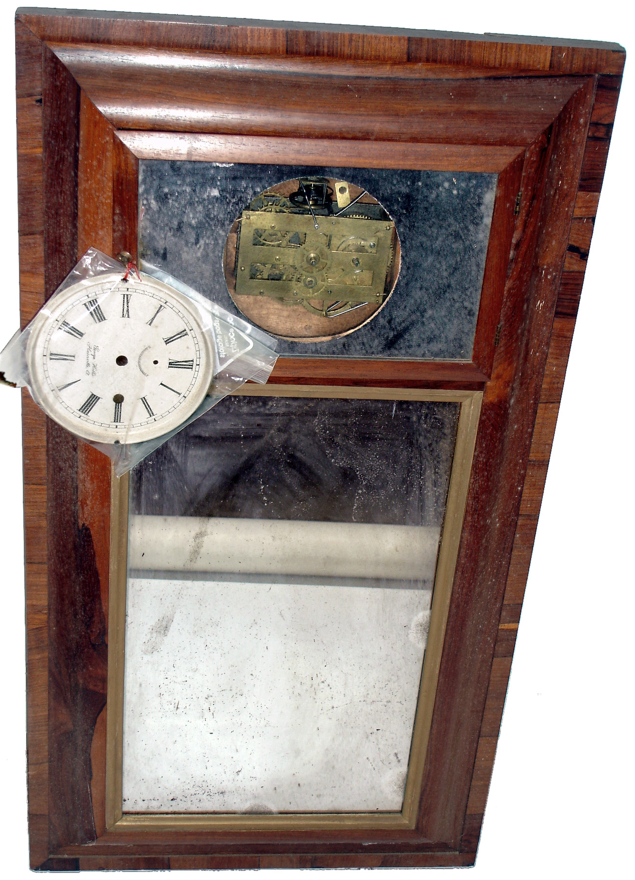Clocks- 4 (Four) George Hills, Plainville, Conn., reverse ogee mirror rosewood veneer clock cases, two with movements, one dial, c1847 — Antique Clocks Price Guide