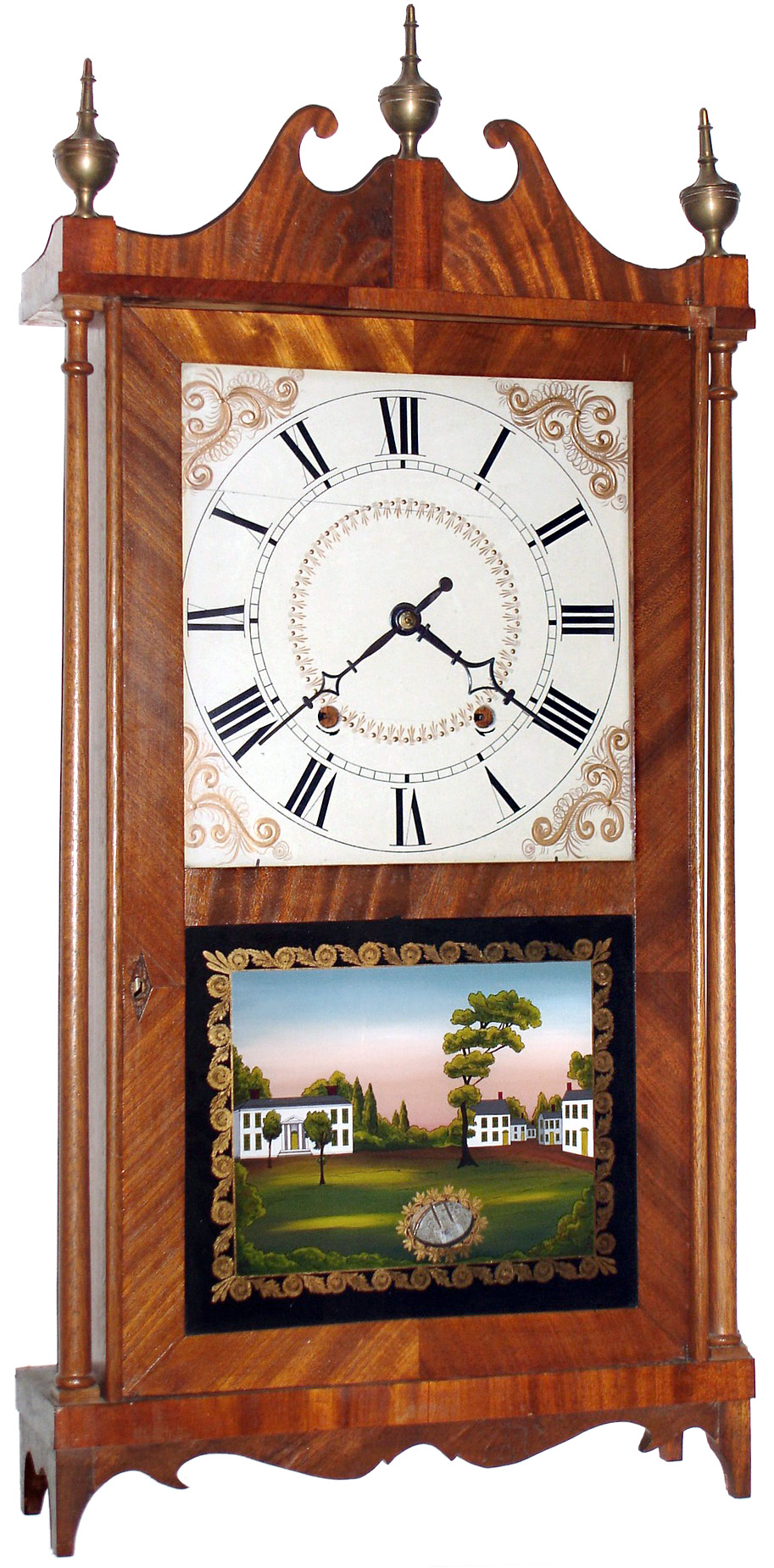 Mixed lot pillar and scroll, Elisha Hotchkiss 30 hour time and strike wooden works and backboard, c1830, now associated with newer mahogany case. — Antique Clocks Price Guide