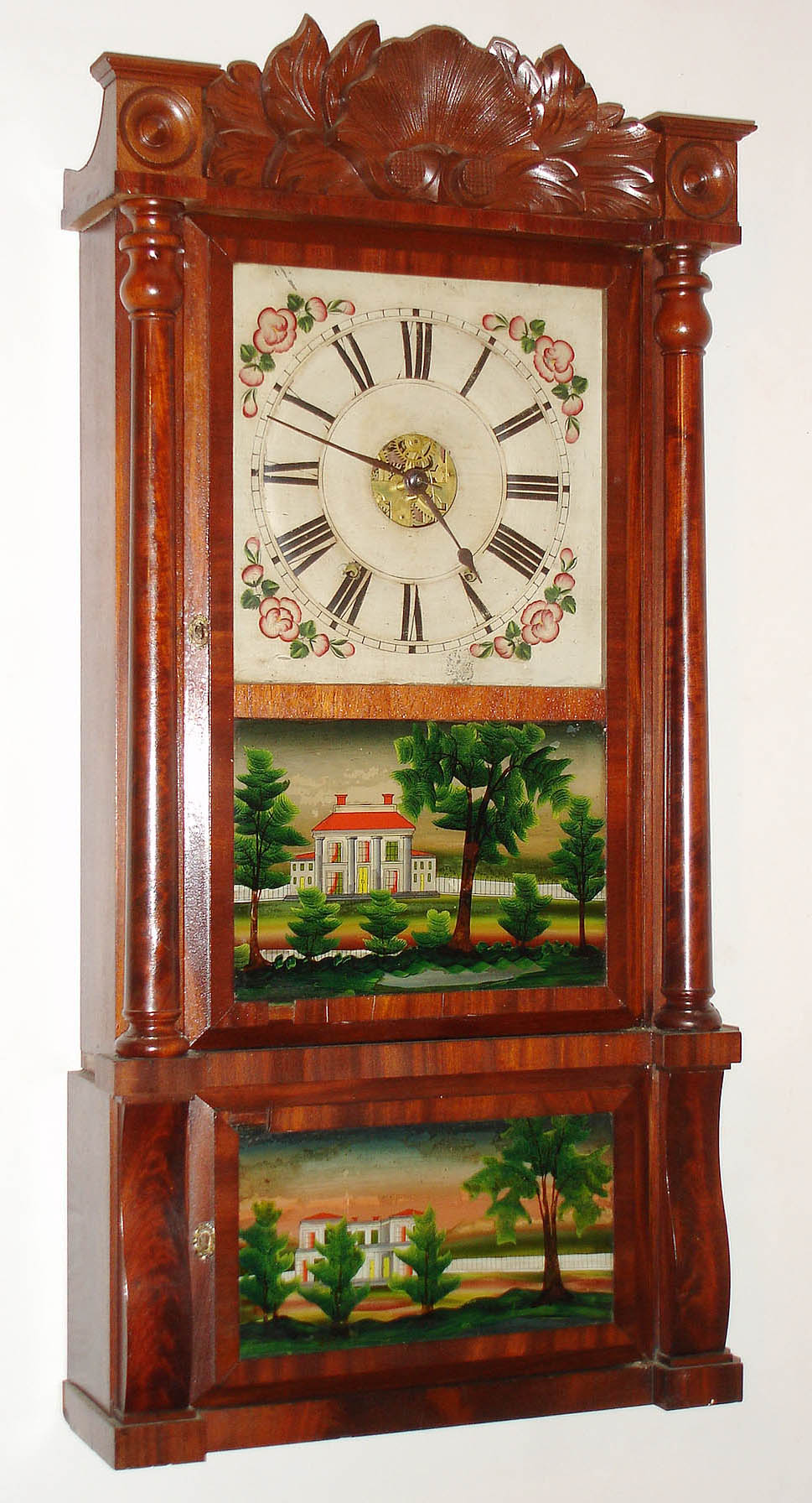 Elisha Manross, Bristol, Conn., 8 day, time and strike column and carved splat shelf clock, c1845 — Antique Clocks Price Guide