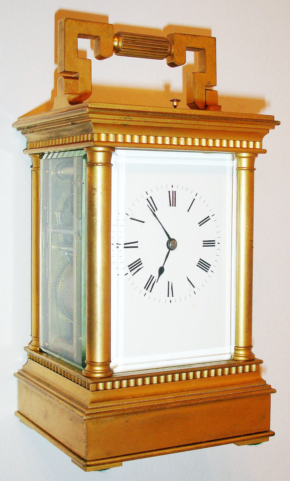 France, eight day petit sonnerie striking carriage clock with lever platform, gilt Anglaise case with beveled glass panels, white enamel Roman numeral dial, blued steel hands, c1880 — Antique Clocks Price Guide