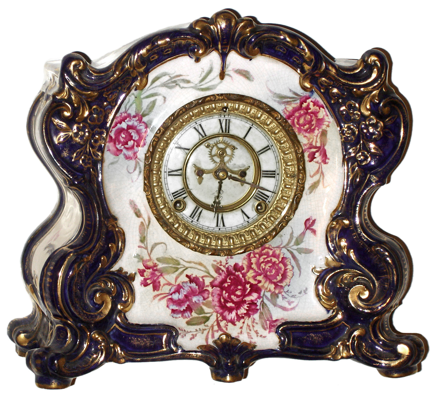 Ansonia Clock Co., New York, NY, "La Corsica" Royal Bonn, 8 day, time and strike, porcelain mantel clock with visible escapement, c1901 — Antique Clocks Price Guide